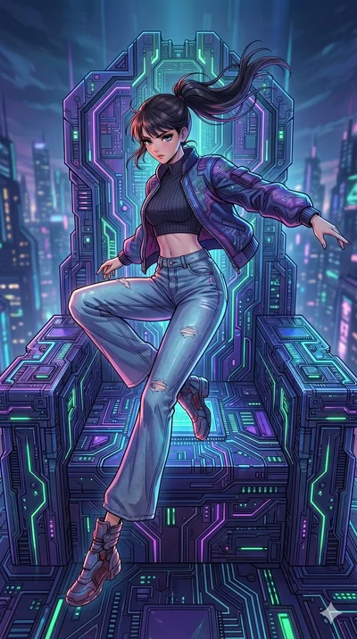 score_9, masterpiece, best quality, ultra-detailed, high-budget anime movie keyframe, cinematic anime lighting, intricate line art, Caucasian (strictly human ears) woman. Dynamic full-body shot stretching the vertical silhouette with extreme perspect