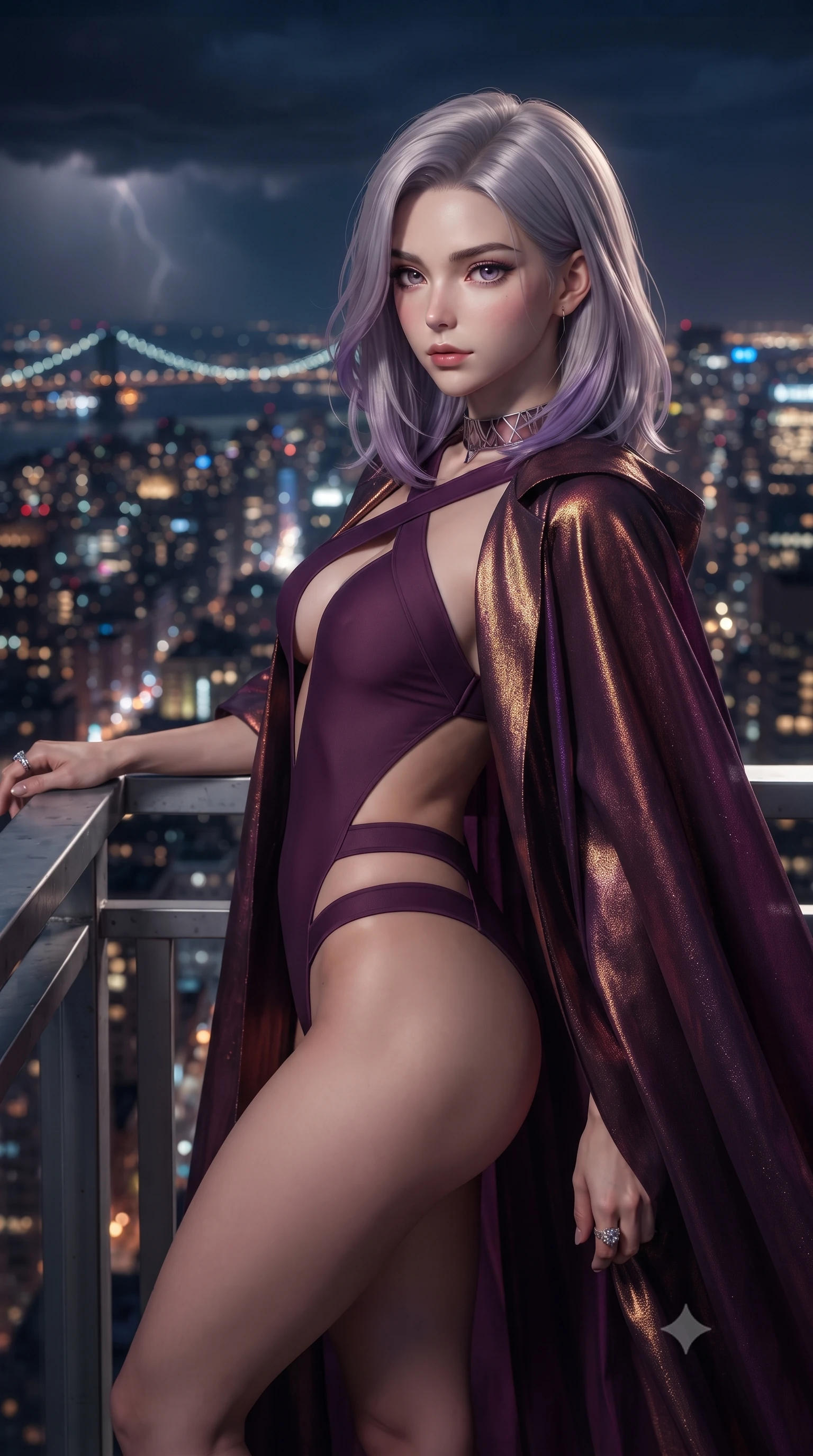 score_9, masterpiece, best quality, ultra-detailed, high-budget anime keyframe, editorial fashion photography, tasteful artistic composition, Caucasian woman. close-up cowboy shot from the waist and thighs up, the character dominates the composition, filling the frame with her large presence. leaning back with relaxed seductive grace, her sculpted collarbones and narrow waist highlighted as she casts smoldering bedroom-eyes directly into the camera while leaning deep against the perimeter safety railing with hips cocked back, looking over her shoulder at the sprawling sea of Manhattan skyscraper lights. The composition keeps background elements in soft focus with creamy bokeh. passing low storm clouds and distant suspension bridge lights softened in dramatic atmospheric depth. She has an exceptionally elegant, slender, and willowy female figure with an ultra-slim waist, flat toned midriff, narrow ribcage, and sculpted feminine hips creating an alluring, slim hourglass silhouette without bulk. sharp v-shaped jawline, high-bridge nose, intricate jewel-like eyes with depth, thick eyelashes, glossy parted lips with a natural sheen, intensely captivating and seductive bedroom-eyes expression, flawlessly proportioned anatomical accuracy, strict slender model proportions, natural body alignment, perfectly sculpted long slender limbs, ultra-slim waistline, clean dynamic posture without body distortion. wearing a desert queen monokini with crossed chest straps and high-cut hip bands, worn under a sweeping organza cape in deep plum violet and antique bronze, crafted from luxurious metallic lamé that shifts radiance with every step, complemented by a bold geometric choker and sparkling cocktail ring, the precision-cut side openings and low-back scoop framing her graceful spine and the sensual sweep of her slim, toned hips. surrounded by an untouchable, daring, and wildly charismatic skyline empress aura. ultra-reflective glossy finish, specular highlights, rich textural contrasts, high-contrast stereoscopic depth, volumetric dynamic lighting, 2k, ultra detail, master piece, 9:16 ratio
