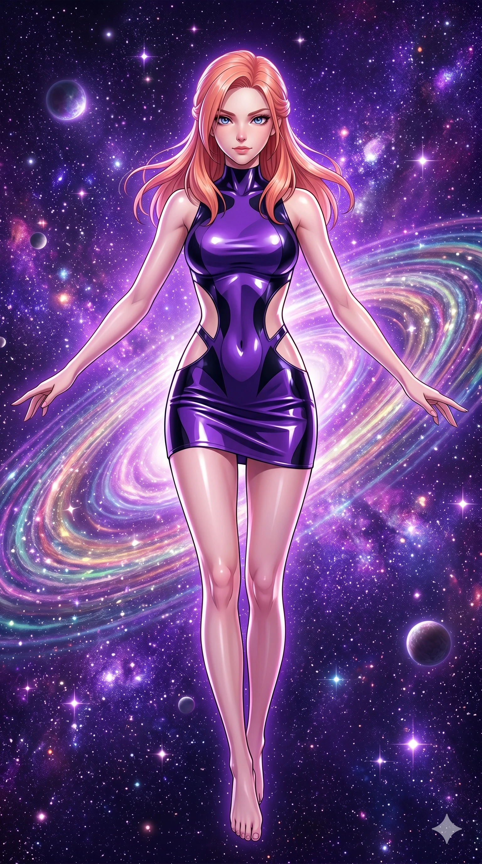 score_9, masterpiece, best quality, ultra-detailed, high-budget anime keyframe, Japanese woman. Upper body close-up from the thighs up, character filling the screen for maximum presence. She is floating weightlessly inside a brilliant violet galaxy, surrounded by swirling cosmic dust rings. She spreads her arms in a graceful flying pose, looking toward the camera. She has an absolutely perfect 8-heads proportion, an exceptionally tall and slender female figure with impossibly long slender legs and an ultra-slim waist. V-shaped jawline, high-bridge nose, intricate jewel-like eyes with depth, thick eyelashes, glossy lips with a natural sheen. She is wearing a second-skin fashion-latex mini dress with a clean architectural front, featuring an open-back design that wraps around the sides of her waist, showcasing her slender silhouette. The scene is bathed in brilliant purple starlight and a sharp white front key light highlighting her details. 2k, ultra detail, master piece, 9:16 ratio