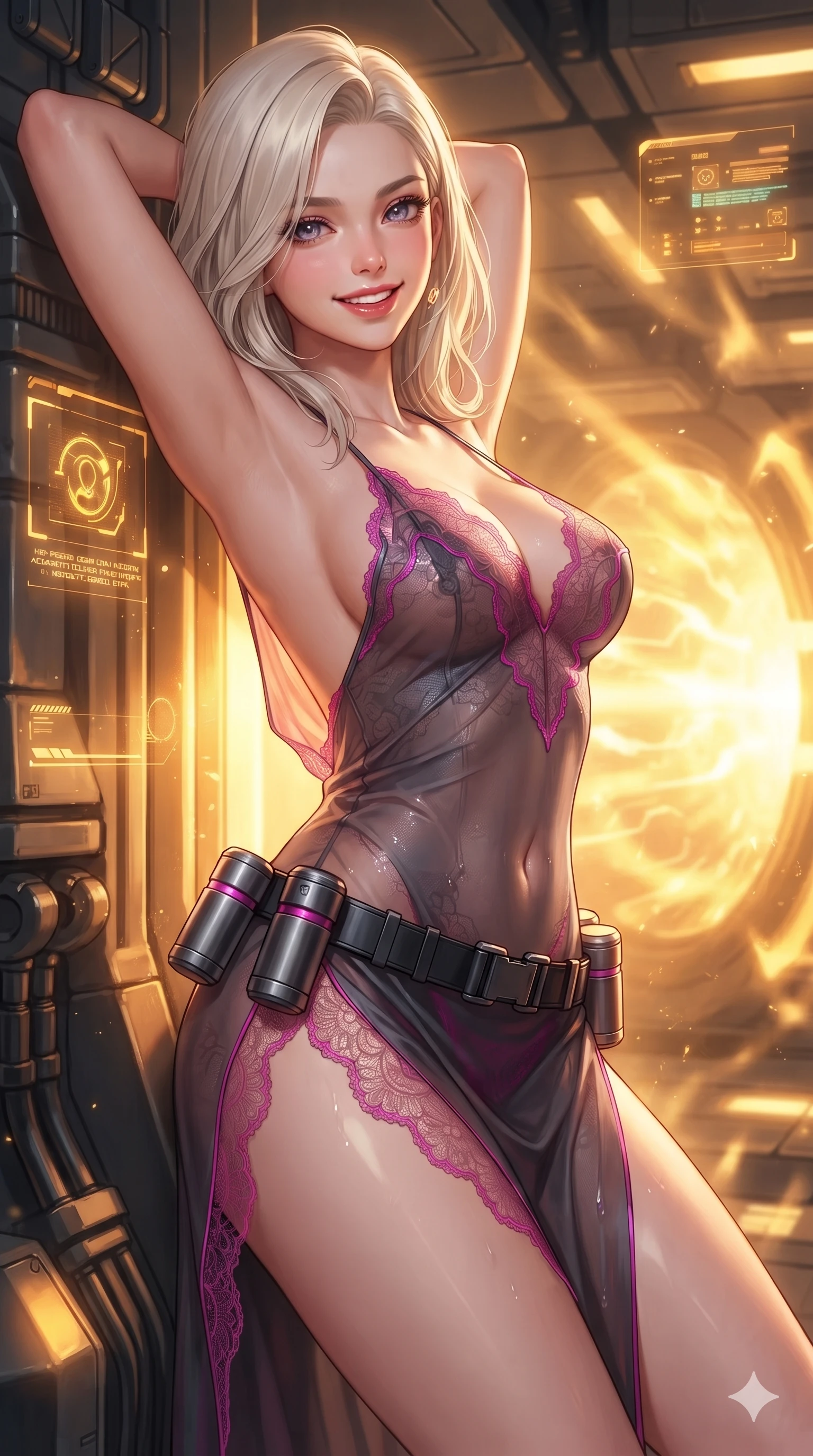 score_9, masterpiece, best quality, ultra-detailed, high-budget anime keyframe, editorial fashion photography, tasteful artistic composition, Caucasian woman. close-up cowboy shot from the waist and thighs up, the character dominates the composition, filling the frame with her large presence. leaning back against the glowing maintenance bulkhead with relaxed seductive grace, her flat midriff and narrow waist highlighted as laser ambient light traces her curves while twisting her slender torso in an alluring S-curve between high-pressure conduits, radiant core illumination tracing her flat midriff and hourglass curves. The surrounding environment is rendered in vivid detail and crisp panoramic clarity: sharp magnetic solenoid coil bevels, high-pressure steam valve actuators, and crisp holographic telemetry glyphs in deep focus. She has an exceptionally elegant, slender, and willowy female figure with an ultra-slim waist, flat toned midriff, narrow ribcage, and sculpted feminine hips creating an alluring, slim hourglass silhouette without bulk. sharp v-shaped jawline, high-bridge nose, intricate jewel-like sparkling eyes with depth, thick eyelashes, glossy parted lips with a natural sheen, bright confident smile with an enchanting and coquettish sensual glint, exuding both youthful magnetic charm and sovereign high-tech allure, flawlessly proportioned anatomical accuracy, strict slender model proportions, natural body alignment, perfectly sculpted long slender limbs, ultra-slim waistline, clean dynamic posture without body distortion. wearing a form-contouring gossamer cyber-chiffon flight slip with a hip-high slit and open cowl back clinging with dewy moisture in deep titanium gunmetal and radiant magenta neon, made of delicate semi-sheer French Chantilly lace with intricate eyelash edges, accented with a sleek utility belt with polished magnetic canisters resting loosely on her curvy hips, the form-fitting tactical tailoring adhering flawlessly to her sculpted flat midriff and slender torso, emphasizing her long leg lines and perfectly proportioned willowy build. bathed in the blinding warm golden radiance of the magnetic fusion core with dynamic volumetric heat shimmers. ultra-reflective glossy finish, specular highlights, rich textural contrasts, high-contrast stereoscopic depth, volumetric dynamic lighting, 2k, ultra detail, master piece, 9:16 ratio