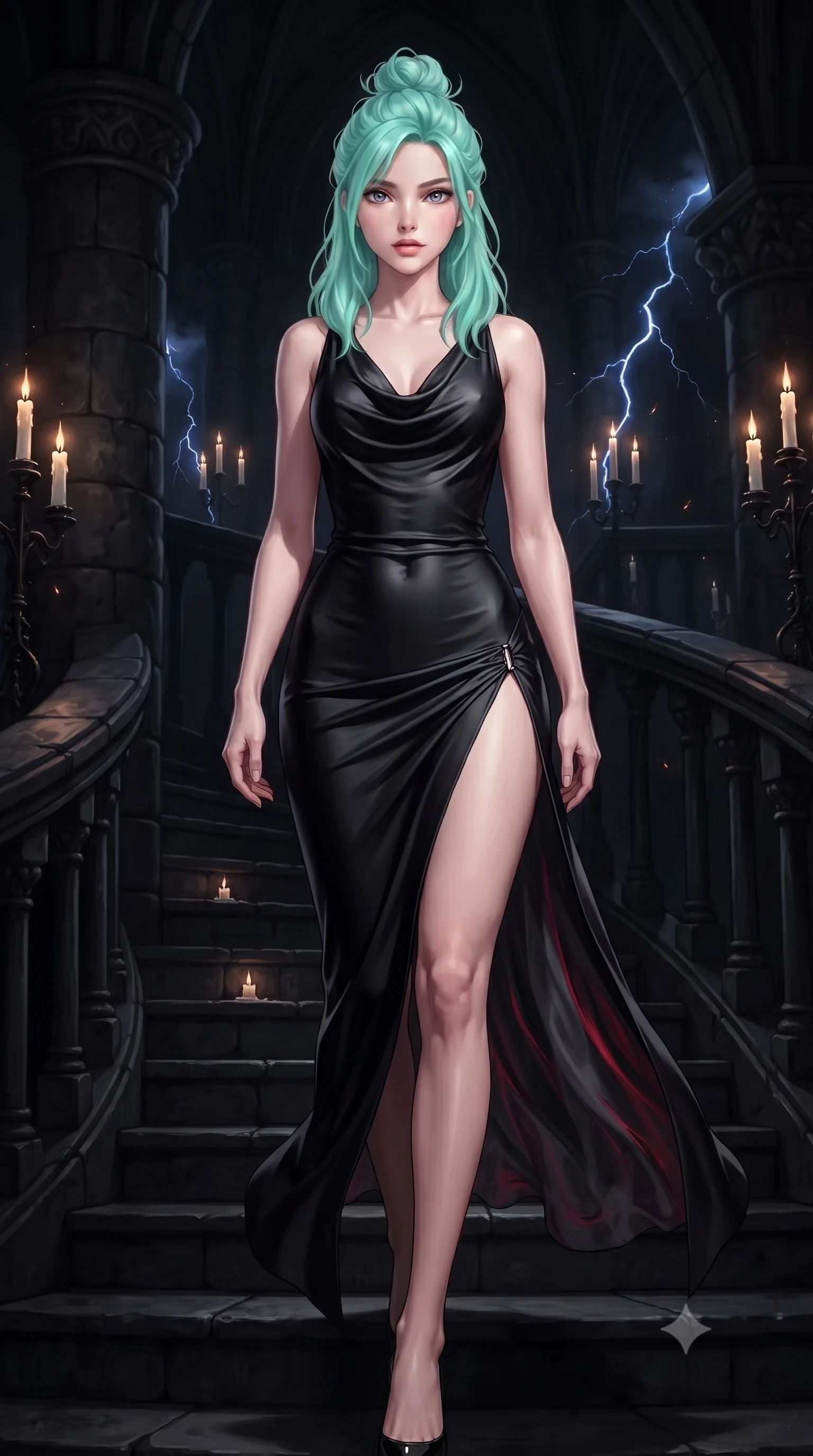 score_9, masterpiece, best quality, ultra-detailed, high-budget anime keyframe, editorial fashion photography, tasteful artistic composition, Japanese woman. low angle full-body shot from head to toe showing her feet, filling the entire 9:16 vertical frame with her statuesque presence, stretching her vertical silhouette. striding forward in a proud, statuesque motion with a dangerous smolder, hips swaying with fierce allure, dominating the frame from head to toe while ascending a dark spiral stone staircase as flashes of blue lightning cast dramatic high-contrast chiaroscuro shadows across her torso. The composition keeps background elements in soft focus with creamy bokeh. flickering candle flames and lightning flashes scattering subtle specular glints across a dark backdrop. She has an absolutely perfect, statuesque 8.5-heads proportion, an exceptionally tall and slender model-like female figure with impossibly long slender legs, a toned flat midriff, and an ultra-slim waist. sharp v-shaped jawline, high-bridge nose, intricate jewel-like eyes with depth, thick eyelashes, glossy lips with a natural sheen, flawlessly proportioned anatomical accuracy, strict slender model proportions, natural body alignment, perfectly sculpted long slender limbs, ultra-slim waistline, clean dynamic posture without body distortion. wearing a precision-fitted liquid jersey bodycon dress in obsidian black with a dramatic draped cowl back that swoops down to her waist and a high side slit in smoky charcoal grey and glowing crimson filaments, made of liquid metal jersey that clings flawlessly to every contour of her build, finished with an ultra-high side slit secured by miniature magnetic clasps, the sleek second-skin cut tightly hugging her graceful clavicle, narrow waist, and feminine curves with athletic precision. surrounded by a dark, mysterious, and intensely seductive gothic-noir vampire queen aura. ultra-reflective glossy finish, specular highlights, dark metallic sheen, deep chiaroscuro contrast, volumetric dynamic shadow lighting, 2k, ultra detail, master piece, 9:16 ratio