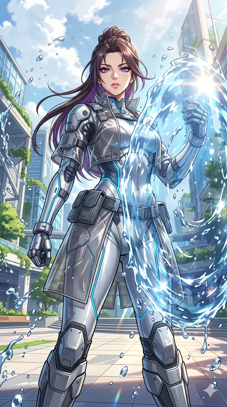 score_9, masterpiece, best quality, ultra-detailed, High-budget Anime Keyframe, beautiful Korean anime girl. Low angle cowboy shot filling the entire 9:16 frame with her overwhelming presence. Summoning a shield of water that reflects the sun with an overwhelming presence that dominates the space. She has an absolutely perfect 8-heads proportion, an exceptionally tall and slender female figure with impossibly long slender legs and an ultra-slim waist. Sharp v-shaped jawline, high-bridge nose, intricate jewel-like eyes with depth, thick eyelashes, glossy lips with a natural sheen. Wearing a Tech-Fantasy outfit: silver cybernetic tech-suit with glowing seams, translucent PVC over leotard, modular tactical gear. Background is a bright and colorful environment with cinematic lighting, dynamic particle effects, and high-contrast shadows. 2k, ultra detail, master piece, 9:16 ratio