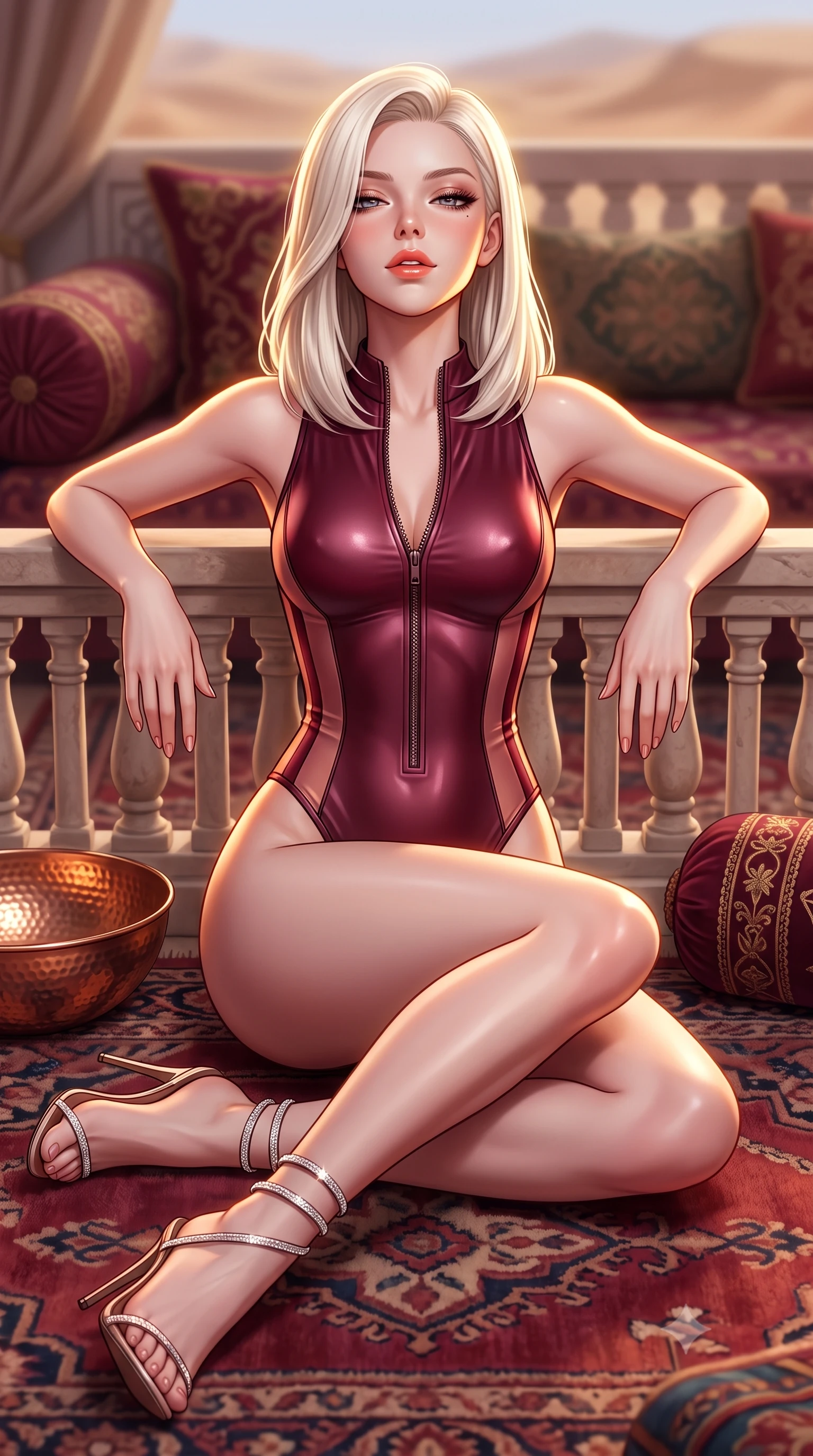 score_9, masterpiece, best quality, ultra-detailed, high-budget anime keyframe, semi-realistic 3D game render, editorial fashion photography, tasteful artistic composition, Caucasian woman. close-up cowboy shot from the waist and thighs up, the character dominates the composition, filling the frame with her large presence. leaning back against the balustrade with relaxed seductive grace, head tilted back slightly while casting a hypnotic, heavy-lidded gaze while sitting cross-legged on the plush kilim rug leaning back on both hands, arching her chest with radiant siren confidence and parted glossy lips. The background shows a soft-focus embroidered velvet bolsters softened in romantic desert safari shallow focus. She has an exceptionally elegant, slender, and willowy female figure with an ultra-slim waist, flat toned midriff, narrow ribcage, and sculpted feminine hips creating an alluring, slim hourglass silhouette without bulk. sharp v-shaped jawline, high-bridge nose, sparkling eyes with hypnotic seductive depth, thick curled eyelashes, glossy parted lips with a natural dewy peach sheen, alluring bedroom-eyes with an enchanting coquettish smile, exuding magnetic siren charisma and sophisticated glamour, flawlessly proportioned anatomical accuracy, strict slender model proportions, natural body alignment, perfectly sculpted long slender limbs, ultra-slim waistline, clean dynamic posture without body distortion. wearing a form-contouring wet-look neoprene zip-front maillot with high-cut leg openings and racing side stripes in smoldering Chianti crimson wine and deep rose-gold, made of semi-opaque stretch illusion mesh with soft shadowy contours, complemented by strappy stiletto sandals with crystal ankle wraps accentuating her slender calves, the liquid-tight tailored fabric clinging flawlessly to her narrow waist and rounded feminine hips, emphasizing every millimeter of her sculpted slim hourglass curves without any bulky heaviness. illuminated by hammered copper bowl reflection bounce and sharp flame-gold rim lights defining her razor-sharp jawline, narrow waist, and curvy hips. highly saturated vibrant anime colors, detailed shading with soft gradients, rich glossy textures, high-contrast stereoscopic depth, volumetric dynamic lighting, master piece, 9:16 ratio