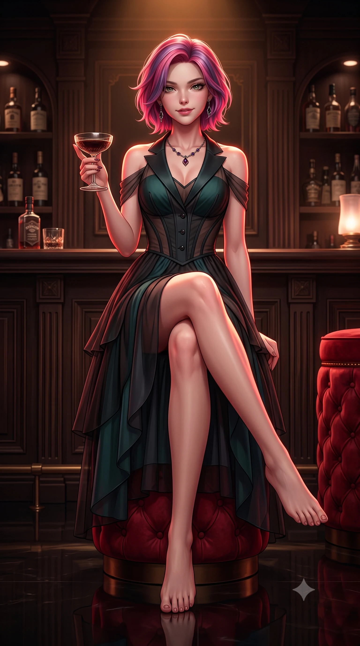 score_9, masterpiece, best quality, ultra-detailed, high-budget anime keyframe, semi-realistic 3D game render, editorial fashion photography, tasteful artistic composition, Caucasian woman. low angle full-body shot from head to toe showing her feet, filling the entire 9:16 vertical frame with her statuesque presence, stretching her vertical silhouette. striding forward gracefully across the reflective floor with sovereign supermodel poise, hips swaying in an alluring kinetic rhythm that accentuates her curvy hourglass silhouette and long slender legs while sitting gracefully on a round red velvet stool with one leg crossed over the other, holding an antique cocktail coupe with a smoldering, playful half-smile. The surrounding environment is rendered in vivid detail and crisp panoramic clarity. detailed velvet plush texture, delicate jewelry shimmer, and speakeasy bar woodwork clarity in high resolution. She has an exceptionally tall and slender model-like 8.5-heads proportion, an ultra-slim waist, a flat toned midriff, narrow delicate ribcage, and beautifully sculpted feminine hips creating a graceful, slim hourglass silhouette without any bulky heaviness, with impossibly long slender legs. sharp v-shaped jawline, high-bridge nose, intricate jewel-like dark sparkling eyes with dangerous depth, thick curled eyelashes, glossy parted lips with a rich wine sheen, smoldering seductive half-smile with bedroom-eyes, exuding effortless superiority and intoxicating dark allure, flawlessly proportioned anatomical accuracy, strict slender model proportions, natural body alignment, perfectly sculpted long slender limbs, ultra-slim waistline, clean dynamic posture without body distortion. wearing a tiered semi-sheer black tulle and silk slip dress with an ultra-slim corseted waist and bare shoulders in deep forest teal and dark gunmetal, made of semi-opaque dark contouring mesh clinging like a second skin, finished with sharp tailored peak lapels and subtle horn button accents, the glove-like silhouette tightly following the natural contour of her hips and long slender legs with youthful 8.5-heads elegance. illuminated by a single warm amber spotlight and rich crimson rim light sculpting her sculpted collarbones, narrow waist, and feminine hips. highly saturated vibrant anime colors, detailed shading with soft gradients, rich glossy textures, high-contrast stereoscopic depth, volumetric dynamic lighting, master piece, 9:16 ratio