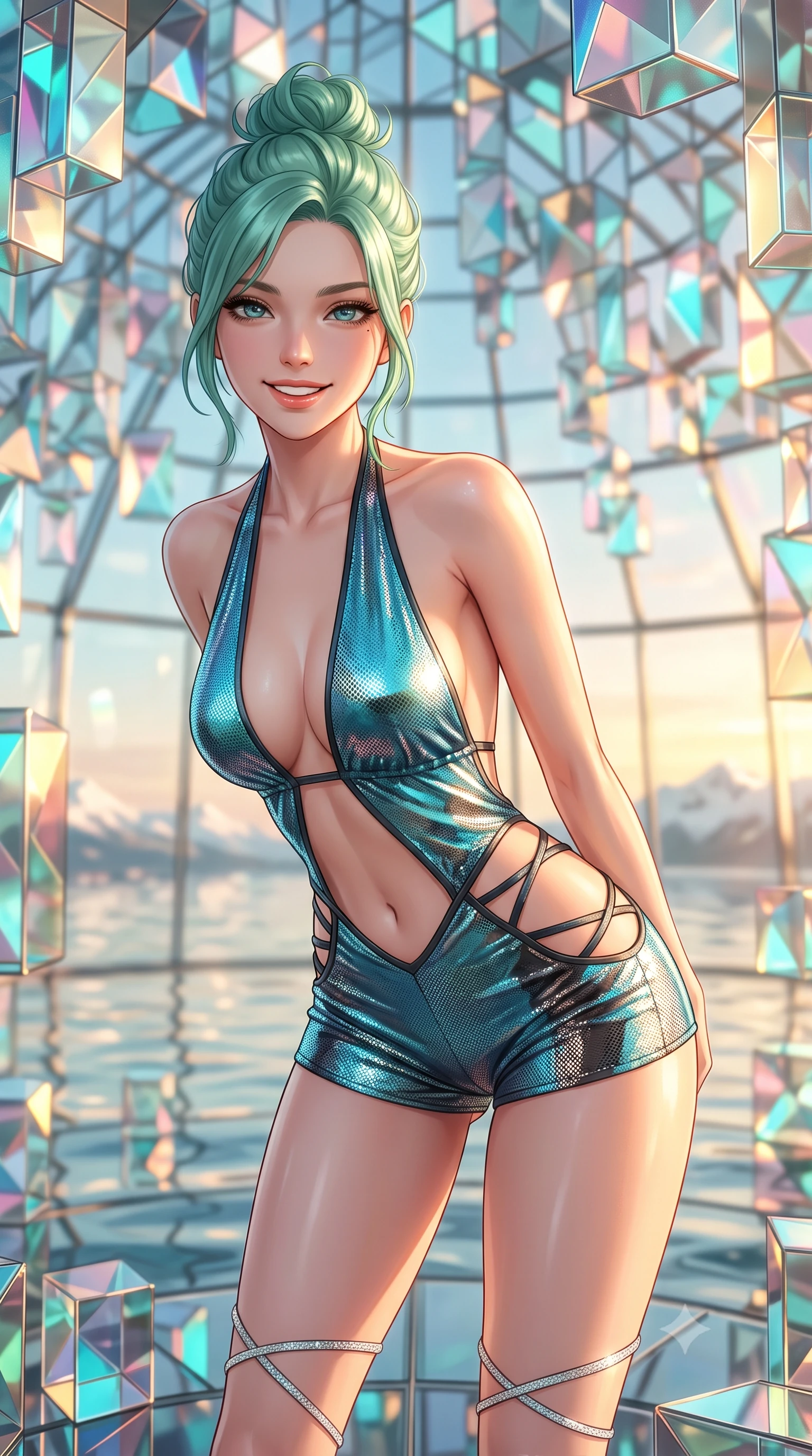 score_9, masterpiece, best quality, ultra-detailed, high-budget anime keyframe, editorial fashion photography, tasteful artistic composition, Japanese woman. close-up cowboy shot from the waist and thighs up, the character dominates the composition, filling the frame with her large presence. leaning forward while arching her lower back to accentuate her curvy hips, looking into the camera with an intoxicating smoldering gaze and bedroom-eyes while standing poised inside the monumental glass atrium beneath thousands of geometric dichroic glass quasi-bricks, arching her spine with futuristic supermodel poise. The background shows a soft-focus thousands of multi-faceted geometric glass prisms reflecting harbor water ripples, midnight sun golden horizon, and distant snow peaks blurred into champagne, cyan, and rose bokeh. She has an exceptionally elegant, slender, and willowy female figure with an ultra-slim waist, flat toned midriff, narrow ribcage, and sculpted feminine hips creating an alluring, slim hourglass silhouette without bulk. sharp v-shaped jawline, high-bridge nose, intricate jewel-like sparkling eyes with depth, thick eyelashes, glossy parted lips with a natural peach sheen, bright cheerful beaming smile with an enchanting and coquettish sensual glint, exuding both youthful cute charm and seductive allure, flawlessly proportioned anatomical accuracy, strict slender model proportions, natural body alignment, perfectly sculpted long slender limbs, ultra-slim waistline, clean dynamic posture without body distortion. wearing a daring low-cut halterneck romper with exposed midriff and strappy hip cutouts in Icelandic geothermal cyan and volcanic basalt obsidian, crafted from stretch micro-mesh with liquid foil coating that shimmers with every movement, complemented by strappy stiletto sandals with crystal ankle wraps accentuating her slender calves, the form-contouring silhouette accentuating her sculpted flat midriff, narrow delicate ribcage, and gracefully curvy hips with intoxicating allure. bathed in the low-angle golden 3000K midnight sun light filtering through prismatic colored glass panels. ultra-reflective glossy finish, specular highlights, rich textural contrasts, high-contrast stereoscopic depth, volumetric dynamic lighting, 2k, ultra detail, master piece, 9:16 ratio