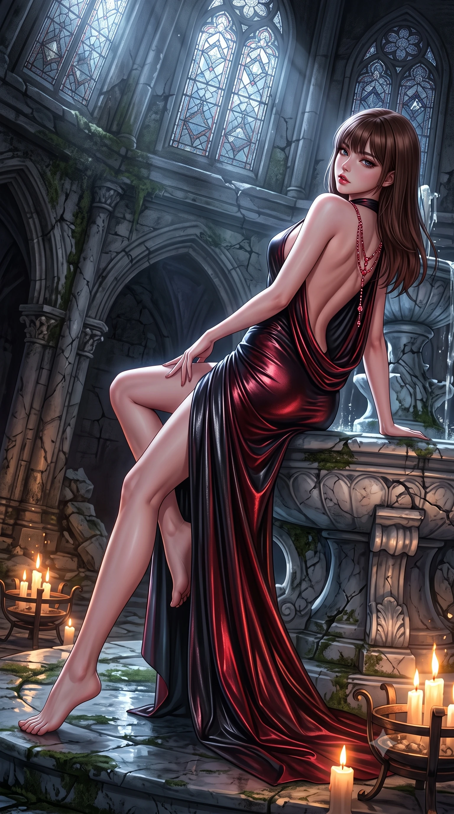 score_9, masterpiece, best quality, ultra-detailed, high-budget anime keyframe, semi-realistic 3D game render, editorial fashion photography, tasteful artistic composition, Korean woman. low angle full-body shot from head to toe showing her feet, filling the entire 9:16 vertical frame with her statuesque presence, stretching her vertical silhouette. reclining back languidly with one knee bent and spine arched in a breathtaking dancer line, commanding the entire 9:16 vertical frame while arching her spine in a fluid, serpentine curve against a shattered marble fountain as silver moonlight filters through stained glass. The surrounding environment is rendered in vivid detail and crisp panoramic clarity. high-contrast gothic romance chiaroscuro and atmospheric Victorian architecture rendered with precision. She has an absolutely perfect, statuesque 8.5-heads proportion, an exceptionally tall and slender model-like female figure with impossibly long slender legs, a toned flat midriff, and an ultra-slim waist. sharp v-shaped jawline, high-bridge nose, intricate jewel-like eyes with depth, thick eyelashes, glossy parted lips with a natural sheen, intensely captivating and seductive expression, flawlessly proportioned anatomical accuracy, strict slender model proportions, natural body alignment, perfectly sculpted long slender limbs, ultra-slim waistline, clean dynamic posture without body distortion. wearing a liquid black silk jersey slip gown descending to the waistline in a deep draped cowl back in dramatic crimson and polished obsidian, crafted from luxurious metallic lamé that shifts radiance with every step, accented with a glittering ruby back chain tracing her bare spine, the glove-like aerodynamic second-skin fit tightly clinging to her ultra-slender waist and feminine curves without adding bulk. bathed in cold lunar moonlight from above and warm flickering candle uplights from below. highly saturated vibrant anime colors, detailed shading with soft gradients, rich glossy textures, high-contrast stereoscopic depth, volumetric dynamic lighting, master piece, 9:16 ratio