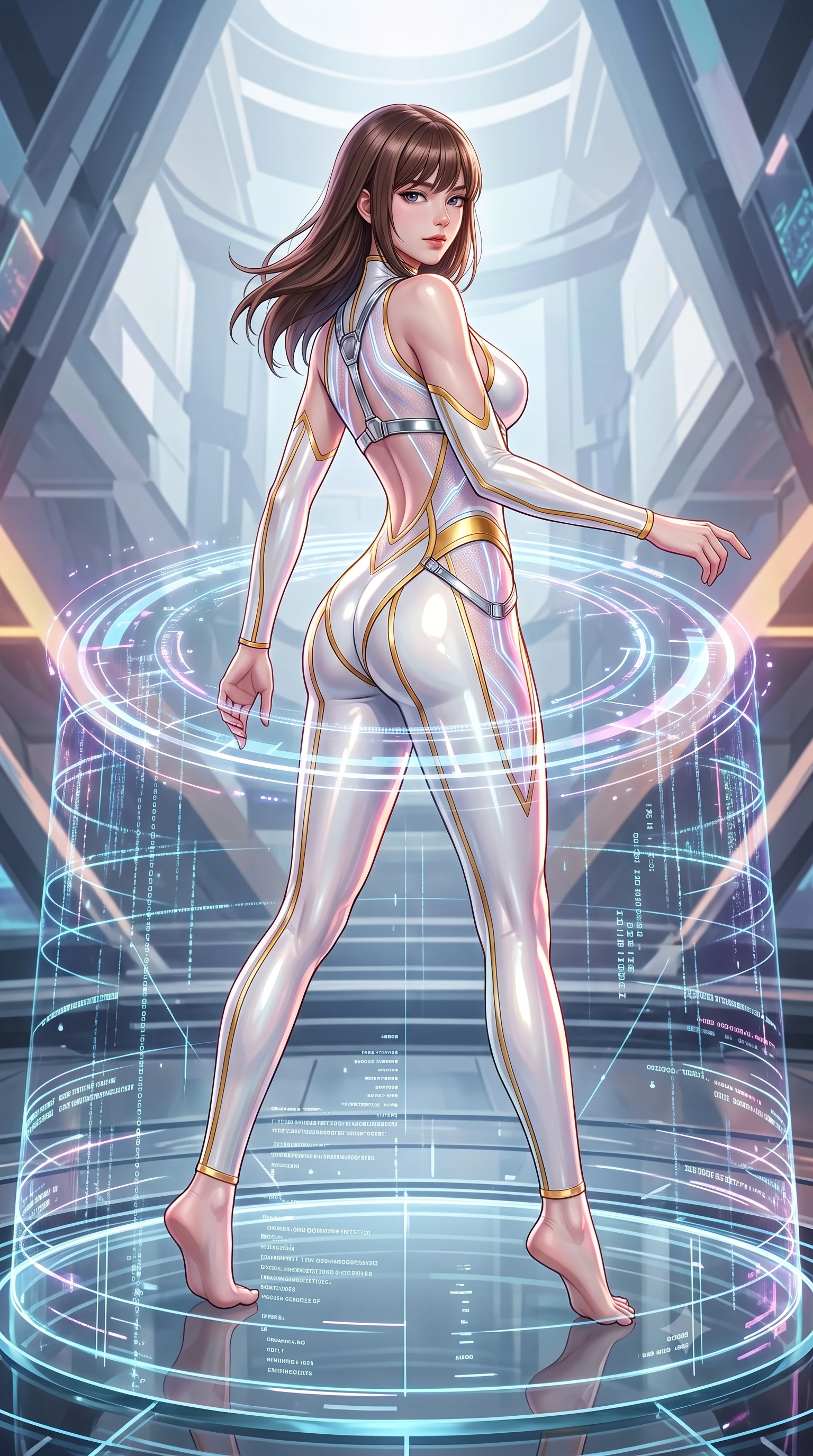 score_9, masterpiece, best quality, ultra-detailed, high-budget anime keyframe, semi-realistic 3D game render, editorial fashion photography, tasteful artistic composition, Korean woman. low angle full-body shot from head to toe showing her feet, filling the entire 9:16 vertical frame with her statuesque presence, stretching her vertical silhouette. pivoting dynamically in mid-motion with a breathtakingly alluring posture, displaying her flawless model proportions, toned flat midriff, and ultra-slim waist while pivoting dynamically on a circular glass platform as pulsing quantum data streams create swirling holographic rings around her waist. The surrounding environment is rendered in vivid detail and crisp panoramic clarity. vibrant high-contrast cybernetic lighting and monumental quantum architecture in panoramic precision. She has an absolutely perfect, statuesque 8.5-heads proportion, an exceptionally tall and slender model-like female figure with impossibly long slender legs, a toned flat midriff, and an ultra-slim waist. sharp v-shaped jawline, high-bridge nose, intricate jewel-like eyes with depth, thick eyelashes, glossy lips with a natural sheen, flawlessly proportioned anatomical accuracy, strict slender model proportions, natural body alignment, perfectly sculpted long slender limbs, ultra-slim waistline, clean dynamic posture without body distortion. wearing an aerodynamic sculpted liquid-chrome bodysuit with glowing neon fiber-optic circuitry and an elegant high-fashion cut in pristine liquid pearl white and radiant solar gold trim, crafted from delicate iridescent organza interwoven with luminescent micro-fibers, reinforced by a sleek metallic chrome harness and delicate glowing micro-straps, the liquid-tight tailored fabric emphasizing every curve of her tall, slender model proportions and sculptured silhouette during dynamic movement. illuminated by sharp specular highlights tracing her ultra-slim waist, long legs, and sculpted collarbones. rich saturated anime colors with glowing neon highlights, detailed shading with soft gradients, rich glossy textures, high-contrast stereoscopic depth, volumetric dynamic lighting, master piece, 9:16 ratio