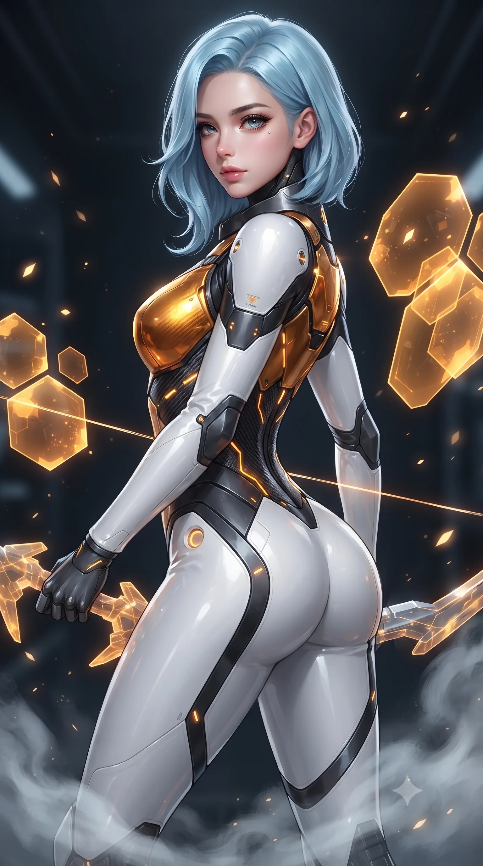 score_9, masterpiece, best quality, ultra-detailed, high-budget anime keyframe, editorial fashion photography, tasteful artistic composition, Korean woman. close-up cowboy shot from the waist and thighs up, the character dominates the composition, filling the frame with her large presence. stretching forward with an alluring arch of her spine, glancing over her shoulder with divine self-assurance and magnetic intensity while resting her holographic bow with calm sovereign authority as swirling coolant mist flows around her slender ankles. The composition keeps background elements in soft focus with creamy bokeh. sparkling photon arrow particles scattering soft glowing light motes across a dark technological backdrop. She has an exceptionally elegant, slender, and willowy female figure with an ultra-slim waist, a gracefully sculpted slender torso, toned flat midriff, and a refined slim silhouette. sharp v-shaped jawline, high-bridge nose, intricate jewel-like eyes with depth, thick eyelashes, glossy lips with a natural sheen, flawlessly proportioned anatomical accuracy, strict slender model proportions, natural body alignment, perfectly sculpted long slender limbs, ultra-slim waistline, clean dynamic posture without body distortion. wearing a high-contrast monochrome white-and-black carbon-composite exoskeleton suit with glowing amber circuitry, deploying floating hexagonal holographic energy shields with sovereign grace in molten amber-gold carbon cuirass with dark titanium weave, made of liquid carbon-jersey fabric adhering flawlessly to her sculpted silhouette, featuring a sleek aerodynamic collar framed by subtle glowing cybernetic status LEDs, the liquid-tight tailored fabric emphasizing every curve of her tall, slender model proportions and sculptured silhouette during dynamic movement. surrounded by a sacred, mystical, and breathtakingly powerful high-tech archer goddess atmosphere. ultra-reflective glossy finish, specular highlights, dark metallic sheen, high-contrast stereoscopic depth, volumetric dynamic lighting, 2k, ultra detail, master piece, 9:16 ratio