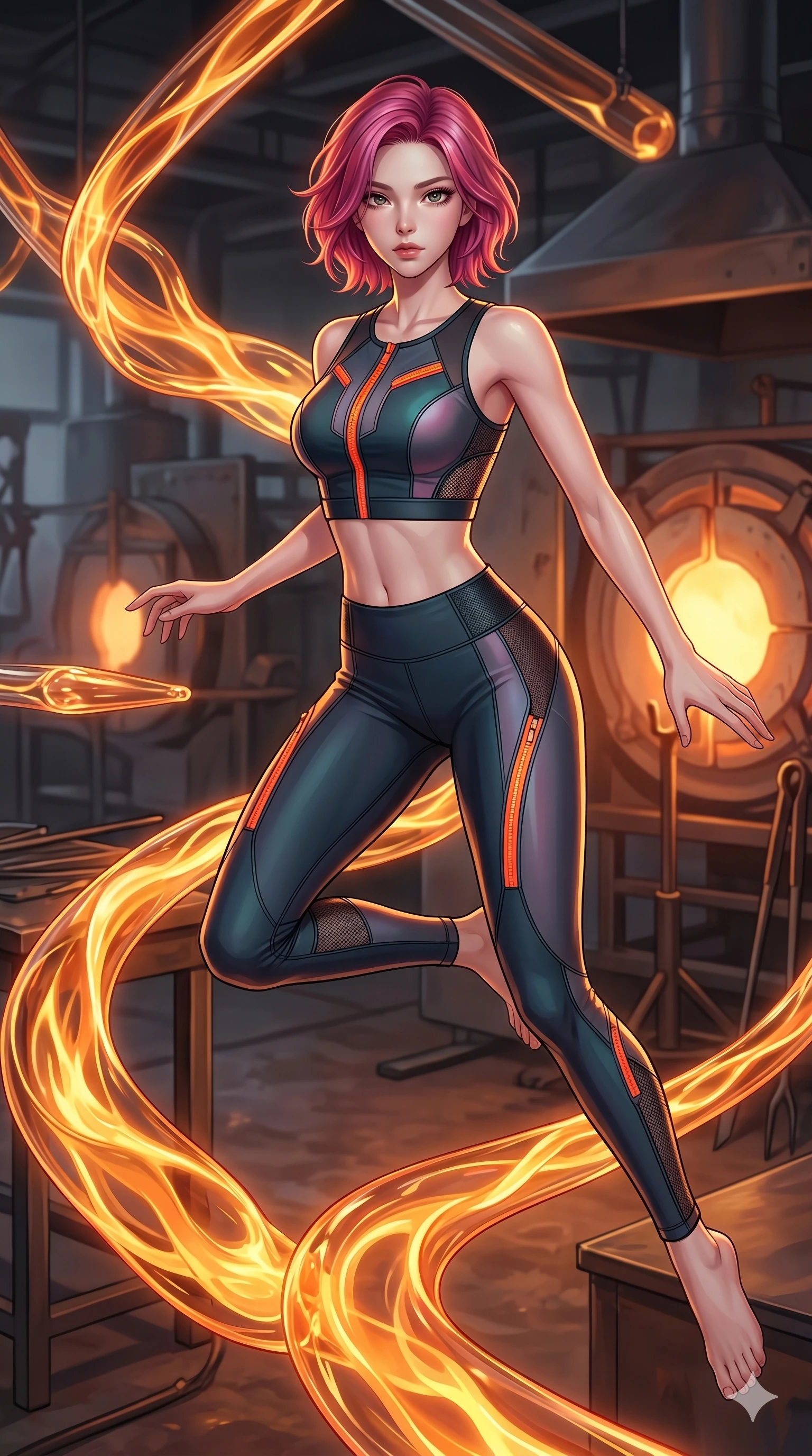 score_9, masterpiece, best quality, ultra-detailed, high-budget anime keyframe, Korean woman. upper body close-up from the thighs up, character filling the screen for maximum presence. bounding through a molten glass art studio where twisting, glowing amber glass tubes rotate like fluid rivers in a heated environment. She has an absolutely perfect 8-heads proportion, an exceptionally tall and slender female figure with impossibly long slender legs and an ultra-slim waist. V-shaped jawline, high-bridge nose, intricate jewel-like eyes with depth, thick eyelashes, glossy lips with a natural sheen.. wearing a second-skin neoprene cyber-athleisure set, featuring a tight crop top and leggings with fluorescent orange zipper accents and side slash panels. lit by a soft glowing ambient light and a sharp side key light that traces the sleek contours of her athletic build. 2k, ultra detail, master piece, 9:16 ratio