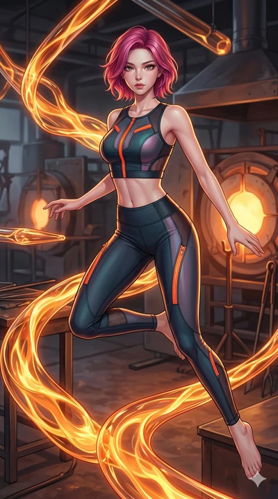 score_9, masterpiece, best quality, ultra-detailed, high-budget anime keyframe, Korean woman. upper body close-up from the thighs up, character filling the screen for maximum presence. bounding through a molten glass art studio where twisting, glowin