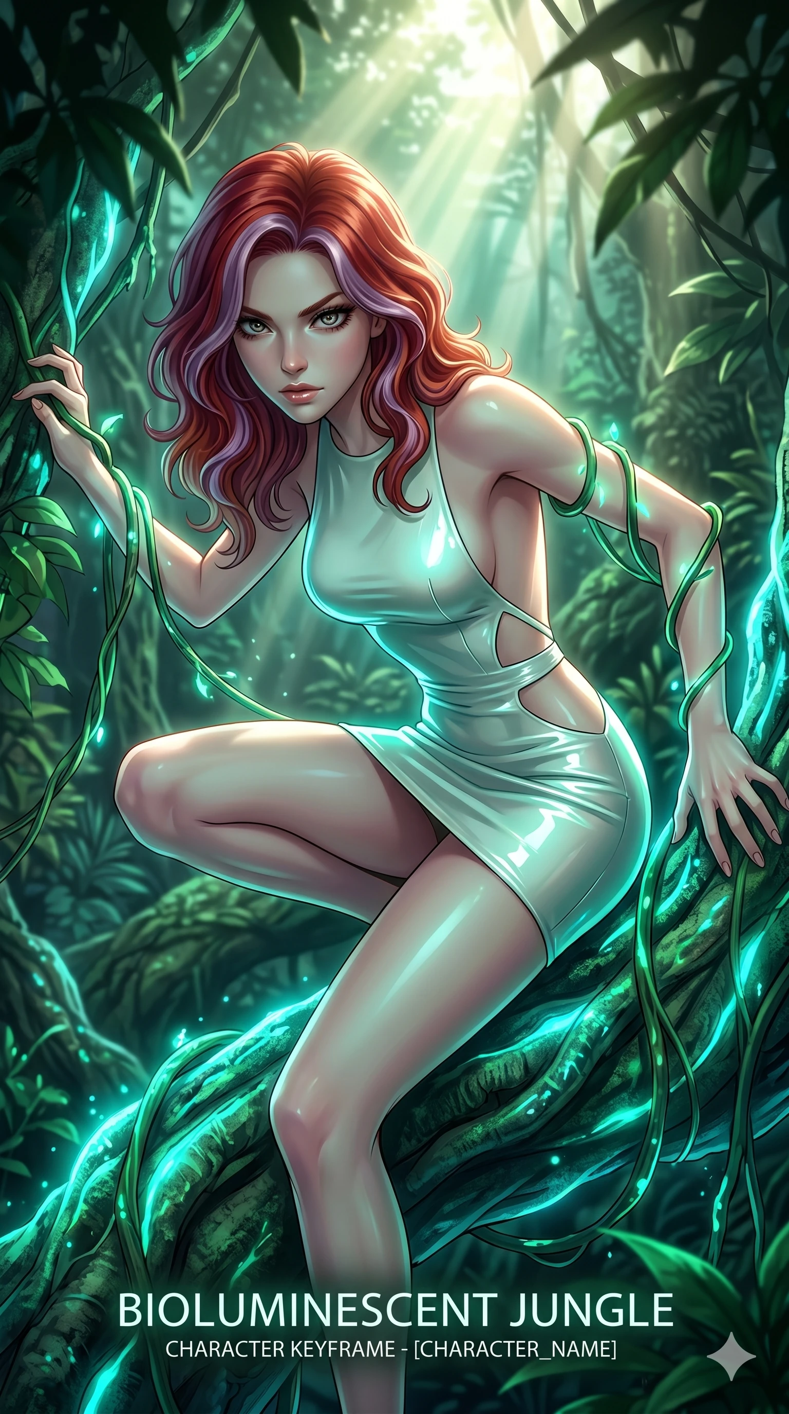 score_9, masterpiece, best quality, ultra-detailed, high-budget anime keyframe, Caucasian woman, strictly human ears. Upper body close-up from the thighs up, character filling the screen for maximum presence. She is crouching dynamically on a massive bioluminescent jungle root, wrapped in glowing vines. She leans close to the camera, looking through the foliage with a piercing, animalistic gaze. She has an absolutely perfect 8-heads proportion, an exceptionally tall and slender female figure with impossibly long slender legs and an ultra-slim waist. V-shaped jawline, high-bridge nose, intricate jewel-like eyes with depth, thick eyelashes, glossy lips with a natural sheen. She is wearing a second-skin fashion-latex mini dress with a clean architectural front, featuring an open-back design that wraps around the sides of her waist, showcasing her slender silhouette. The scene is bathed in bright sunbeams filtering through a dense canopy and glowing cyan ambient forest light. 2k, ultra detail, master piece, 9:16 ratio