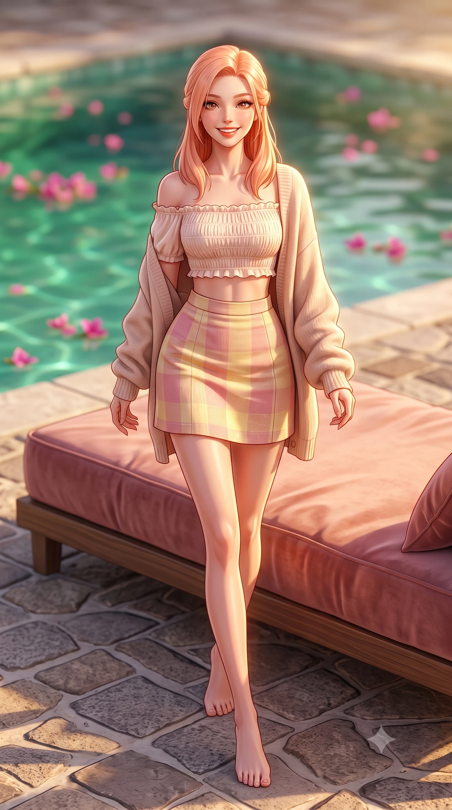 score_9, masterpiece, best quality, ultra-detailed, high-budget anime keyframe, semi-realistic 3D game render, editorial fashion photography, tasteful artistic composition, Japanese woman. low angle full-body shot from head to toe showing her feet, filling the entire 9:16 vertical frame with her statuesque presence, stretching her vertical silhouette. stepping forward gracefully across the terrace in mid-motion with a radiant beaming smile, hips swaying in an alluring kinetic rhythm that accentuates her curvy hourglass silhouette and long slender legs while lounging across an oversized velvet-cushioned daybed, one knee drawn up, displaying her long slender limbs and toned flat midriff with regal charm. The composition keeps background elements in soft focus with dreamy creamy bokeh. floating pink bougainvillea petals on the emerald plunge pool surface softened in intimate riad shallow focus. She has an exceptionally tall and slender model-like 8.5-heads proportion, an ultra-slim waist, a flat toned midriff, narrow delicate ribcage, and beautifully sculpted feminine hips creating a graceful, slim hourglass silhouette without any bulky heaviness, with impossibly long slender legs. sharp v-shaped jawline, high-bridge nose, sparkling amber-hazel eyes with depth, long lush eyelashes, glossy sun-kissed lips with a warm coral glaze, radiant teasing smile with sensual sunlit bedroom-eyes, exuding effortless old-money elegance and intoxicating sun-drenched allure, flawlessly proportioned anatomical accuracy, strict slender model proportions, natural body alignment, perfectly sculpted long slender limbs, ultra-slim waistline, clean dynamic posture without body distortion. wearing a chic off-shoulder smocked crop blouse paired with a tight high-waisted linen A-line mini skirt emphasizing her curvy hips in sweet strawberry milk and warm butter yellow, woven from delicate metallic lurex thread catching the golden hour sunbeams, complemented by an oversized soft cashmere knit cardigan slipping off one bare shoulder, the high-waisted tailoring accentuating her ultra-slim waistline and the enchanting curve of her feminine hips with alluring sunlit charm. illuminated by emerald pool water caustic reflections and golden sunset rim light carving her razor-sharp jawline, narrow waist, and curvy hips. highly saturated vibrant anime colors, detailed shading with soft gradients, rich glossy textures, high-contrast stereoscopic depth, volumetric dynamic lighting, master piece, 9:16 ratio