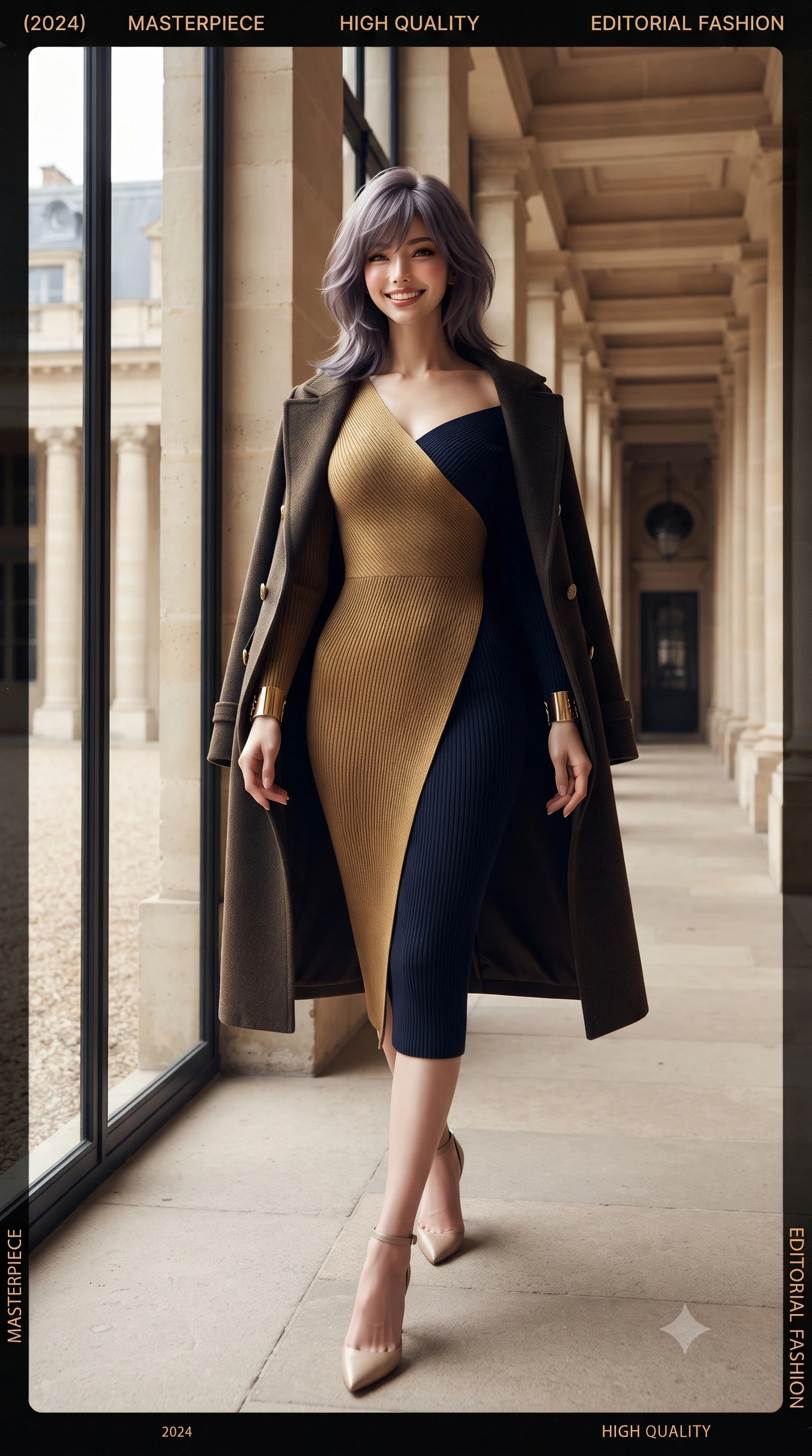 score_9, masterpiece, best quality, ultra-detailed, high-budget anime keyframe, editorial fashion photography, tasteful artistic composition, Japanese woman. low angle full-body shot from head to toe showing her feet, filling the entire 9:16 vertical frame with her statuesque presence, stretching her vertical silhouette. posing in a classic haute-couture S-curve stance beside the floor-to-ceiling window, looking over a bare shoulder with magnetic presence while walking gracefully down the rhythmic perspective of the double-columned classical arcade, smiling brightly toward the camera. The surrounding environment is rendered in vivid detail and crisp panoramic clarity: detailed double-faced wool coat texture, horn button accents, and classical French monumental architecture in razor-sharp precision. She has an exceptionally tall and slender model-like 8.5-heads proportion, an ultra-slim waist, a flat toned midriff, narrow delicate ribcage, and beautifully sculpted feminine hips creating a graceful, slim hourglass silhouette without any bulky heaviness, with impossibly long slender legs. sharp v-shaped jawline, high-bridge nose, intricate jewel-like sparkling eyes with depth, thick eyelashes, glossy parted lips with a natural peach sheen, bright cheerful beaming smile with an enchanting and coquettish sensual glint, exuding both youthful cute charm and seductive allure, flawlessly proportioned anatomical accuracy, strict slender model proportions, natural body alignment, perfectly sculpted long slender limbs, ultra-slim waistline, clean dynamic posture without body distortion. wearing a body-hugging asymmetrical-wrap ribbed knit midi dress with fluid stretch fabric tracing her curvaceous hips in Ginza vintage brass gold and midnight navy, made of ultra-fine Mongolian cashmere with sleek glove-like elasticity contouring her silhouette, accented with delicate golden wrist cuffs reflecting warm chandelier light, the snug waist-cinching tailoring accentuating her ultra-slim waistline and the enchanting curve of her feminine hips with alluring seductive charm. illuminated by pale gravel courtyard bounce and sharp warm-gold rim lights defining her cheekbones and statuesque model proportions. ultra-reflective glossy finish, specular highlights, rich textural contrasts, high-contrast stereoscopic depth, volumetric dynamic lighting, 2k, ultra detail, master piece, 9:16 ratio
