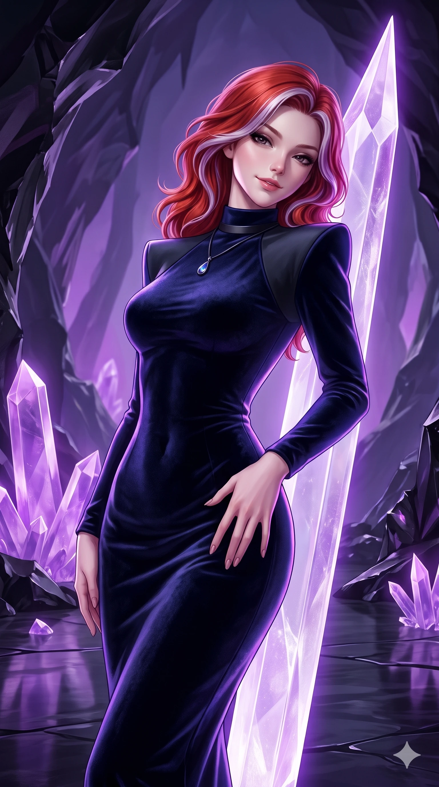 score_9, masterpiece, best quality, ultra-detailed, high-budget anime keyframe, semi-realistic 3D game render, editorial fashion photography, tasteful artistic composition, Caucasian woman. close-up cowboy shot from the waist and thighs up, the character dominates the composition, filling the frame with her large presence. tilting her head with a teasing half-smile, running one hand slowly down the side of her hip in a flirtatious S-curve while leaning against a towering crystalline needle with hips cocked back, casting an intoxicating, sultry bedroom-gaze over a bare shoulder. The surrounding environment is rendered in vivid detail and crisp panoramic clarity: sharp conchoidal obsidian fracture edges, luminous amethyst crystal facet clarity, and smooth reflective basalt floor in deep focus. She has an exceptionally elegant, slender, and willowy female figure with an ultra-slim waist, flat toned midriff, narrow ribcage, and sculpted feminine hips creating an alluring, slim hourglass silhouette without bulk. sharp v-shaped jawline, high-bridge nose, intricate jewel-like dark sparkling eyes with hypnotic seductive depth, thick curled eyelashes, glossy parted lips with a natural wine sheen, alluring bedroom-eyes with an enigmatic smoldering smile, exuding magnetic sovereign charisma and dark avant-garde glamour, flawlessly proportioned anatomical accuracy, strict slender model proportions, natural body alignment, perfectly sculpted long slender limbs, ultra-slim waistline, clean dynamic posture without body distortion. wearing a bespoke high-neck architectural wool column gown with structured sharp shoulder pads in midnight navy blue and smoky pitch black, tailored from crushed dark velvet with deep light-absorbing plush texture, finished with a minimalist dark choker and a single teardrop pendant, the bespoke structured tailoring following the natural line of her 8.5-heads silhouette with refined elegance. illuminated by crystalline floor bounce and sharp amethyst-violet rim lights defining her razor-sharp jawline, narrow waist, and curvy hips. highly saturated vibrant anime colors, detailed shading with soft gradients, rich glossy textures, high-contrast stereoscopic depth, volumetric dynamic lighting, master piece, 9:16 ratio