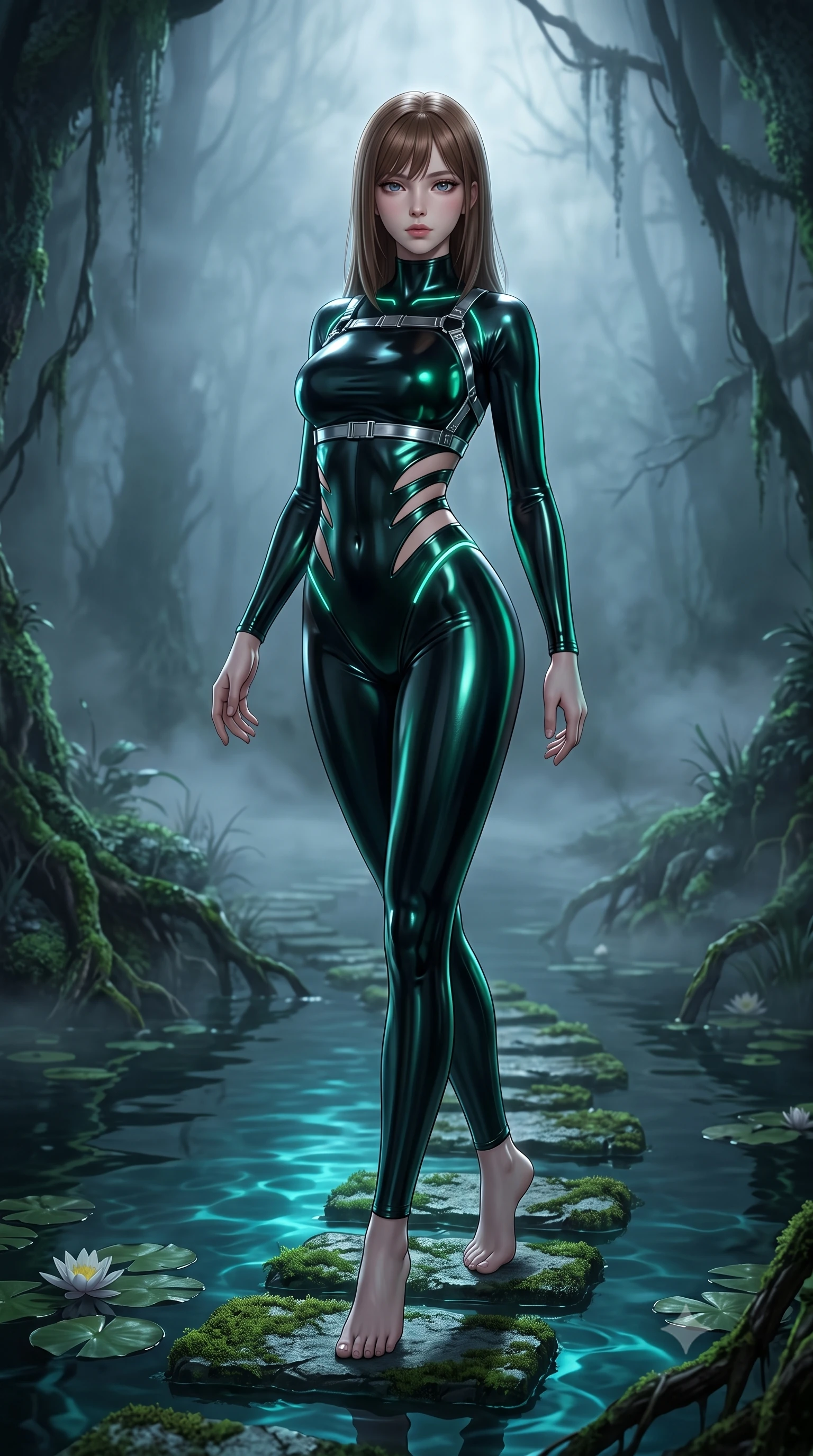 score_9, masterpiece, best quality, ultra-detailed, high-budget anime keyframe, semi-realistic 3D game render, editorial fashion photography, tasteful artistic composition, Korean woman. low angle full-body shot from head to toe showing her feet, filling the entire 9:16 vertical frame with her statuesque presence, stretching her vertical silhouette. arching her spine in a fluid zero-gravity turn with sovereign grace, her long slender legs and sculpted torso creating a sweeping line with provocative poise while stepping along a mossy submerged stone path as silver moonlight cuts through dense, eerie swamp mist. The surrounding environment is rendered in vivid detail and crisp panoramic clarity. deep nocturnal chiaroscuro and primeval mystical wetland scenery rendered in panoramic precision. She has an absolutely perfect, statuesque 8.5-heads proportion, an exceptionally tall and slender model-like female figure with impossibly long slender legs, a toned flat midriff, and an ultra-slim waist. sharp v-shaped jawline, high-bridge nose, intricate jewel-like eyes with depth, thick eyelashes, glossy lips with a natural sheen, flawlessly proportioned anatomical accuracy, strict slender model proportions, natural body alignment, perfectly sculpted long slender limbs, ultra-slim waistline, clean dynamic posture without body distortion. wearing a skin-tight cyber-noir tech bodysuit featuring diagonal slitted cutouts on the midriff, a high-cut leg line, and a metallic chrome harness in high-gloss lacquer black and electric emerald highlights, made of liquid metal jersey that clings flawlessly to every contour of her build, accented with glowing fiber-optic seams tracing her collarbones and hip curves in the gloom, the liquid-tight tailored fabric emphasizing every curve of her tall, slender model proportions and sculptured silhouette during dynamic movement. bathed in pale silver moonlight backlighting and eerie cyan water refractions. rich saturated anime colors with deep moody shadows, detailed chiaroscuro shading with soft gradients, rich glossy textures, high-contrast stereoscopic depth, volumetric dynamic shadow lighting, master piece, 9:16 ratio