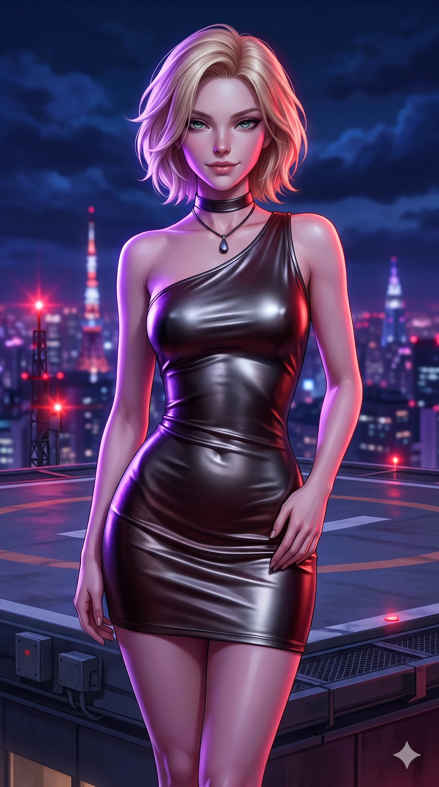score_9, masterpiece, best quality, ultra-detailed, high-budget anime keyframe, semi-realistic 3D game render, editorial fashion photography, tasteful artistic composition, Caucasian woman. close-up cowboy shot from the waist and thighs up, the character dominates the composition, filling the frame with her large presence. smiling with quiet, magnetic self-assurance directly into the camera with heavy-lidded sparkling eyes while standing tall at the outer edge of the summit helipad, arching her lower back to emphasize her hourglass curves against the sprawling midnight metropolis. The background shows a soft-focus infinite horizon of Tokyo skyscraper spires, flashing red aviation beacons, and deep indigo midnight clouds blurred into violet, ruby, and cobalt bokeh. She has an exceptionally elegant, slender, and willowy female figure with an ultra-slim waist, flat toned midriff, narrow ribcage, and sculpted feminine hips creating an alluring, slim hourglass silhouette without bulk. sharp v-shaped jawline, high-bridge nose, intricate jewel-like dark sparkling eyes with hypnotic seductive depth, thick curled eyelashes, glossy parted lips with a natural wine sheen, alluring bedroom-eyes with an enigmatic smoldering smile, exuding magnetic sovereign charisma and dark avant-garde glamour, flawlessly proportioned anatomical accuracy, strict slender model proportions, natural body alignment, perfectly sculpted long slender limbs, ultra-slim waistline, clean dynamic posture without body distortion. wearing an asymmetric one-shoulder liquid mercury metallic mini dress hugging her narrow waist and curvy hips in dark mahogany and brushed gunmetal, made of supple butter-soft lambskin leather with a subtle satin sheen, finished with a minimalist dark choker and a single teardrop pendant, the form-fitting cut adhering flawlessly to her sculpted flat midriff and slender torso, emphasizing her long leg lines and perfectly proportioned willowy build. bathed in rhythmic pulsing violet strobe flashes contrasted with ambient city light glow. highly saturated vibrant anime colors, detailed shading with soft gradients, rich glossy textures, high-contrast stereoscopic depth, volumetric dynamic lighting, master piece, 9:16 ratio