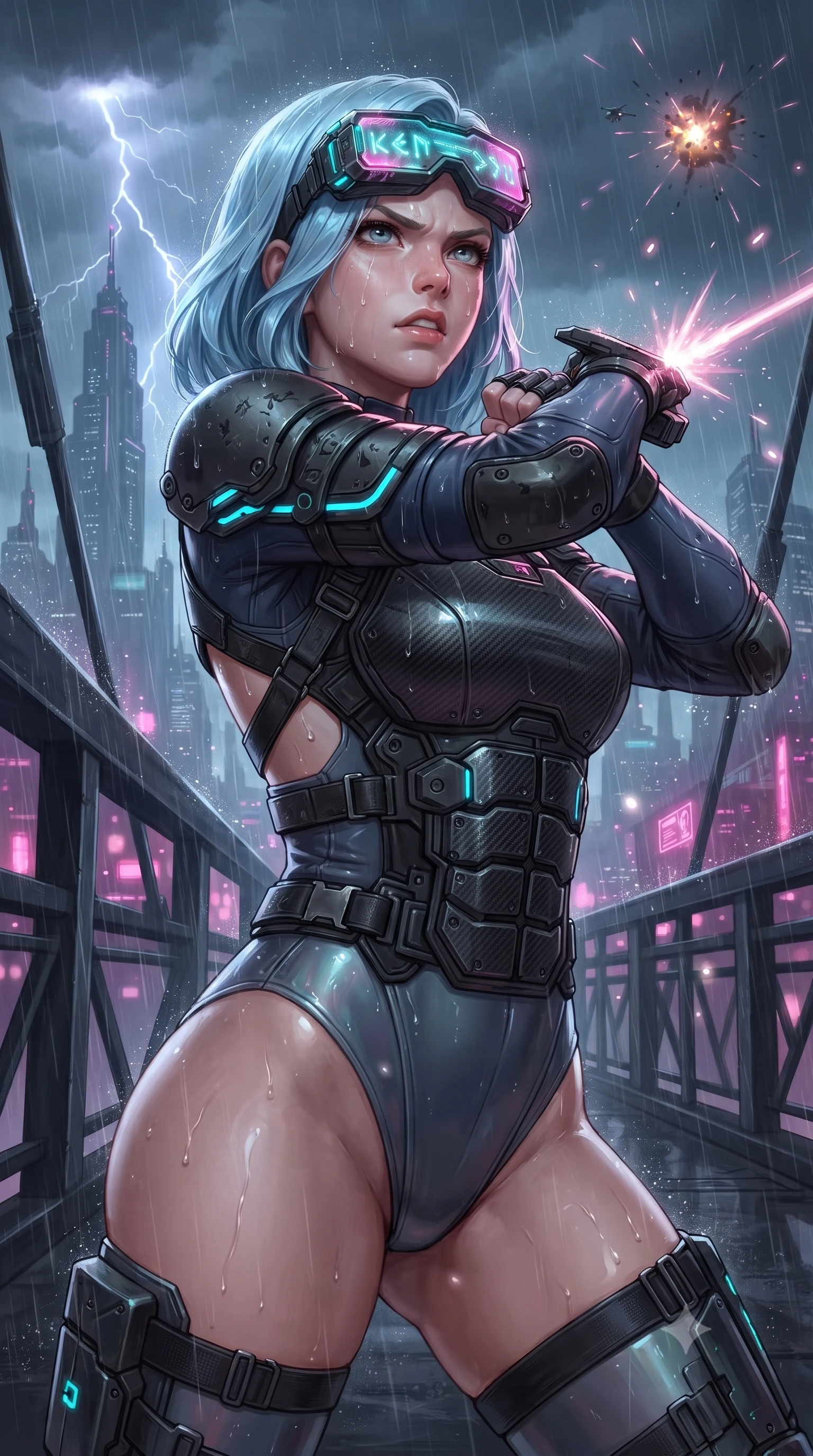 score_9, masterpiece, best quality, ultra-detailed, high-budget anime keyframe, editorial fashion photography, tasteful artistic composition, Korean woman. close-up cowboy shot from the waist and thighs up, the character dominates the composition, filling the frame with her large presence. tilting her head slightly with solemn warrior composure, sweat and rain glistening on her sculpted collarbones and high-bridge nose while pivoting dynamically as gale-force winds and torrential rain whip across the bridge, parrying an incoming blast with cross-armed guard. The composition keeps background elements in soft focus with creamy bokeh. sparkling rain streaks and drone explosion fragments scattering glowing light motes across a grand skyline. She has an exceptionally elegant, slender, and willowy female figure with an ultra-slim waist, a gracefully sculpted slender torso, toned flat midriff, and a refined slim silhouette. sharp v-shaped jawline, high-bridge nose, intricate jewel-like eyes with depth, thick eyelashes, glossy lips with a natural sheen, fierce and resolute heroine expression, flawlessly proportioned anatomical accuracy, strict slender model proportions, natural body alignment, perfectly sculpted long slender limbs, ultra-slim waistline, clean dynamic posture without body distortion. wearing high-tech holographic tactical goggles resting tipped up on her forehead, casting glowing neon runes across her brow without obscuring her features, paired with a heavy modular carbon-fiber combat cuirass paired with a second-skin tactical leotard and reinforced titanium shoulder pauldrons in matte battle-worn obsidian carbon with electric cyan hazard conduits, crafted from ultra-strong woven carbon-fiber composite with battle-tested satin luster, complemented by criss-cross back harness straps highlighting her completely bare spine, the glove-like aerodynamic second-skin fit tightly clinging to her ultra-slender waist and athletic curves without adding bulk, accentuating her razor-sharp statuesque lines and slim hourglass silhouette. bathed in dramatic white lightning flashes and glowing magenta city neon ambient bounce. ultra-reflective glossy finish, specular highlights, dark metallic sheen, high-contrast stereoscopic depth, volumetric dynamic lighting, 2k, ultra detail, master piece, 9:16 ratio
