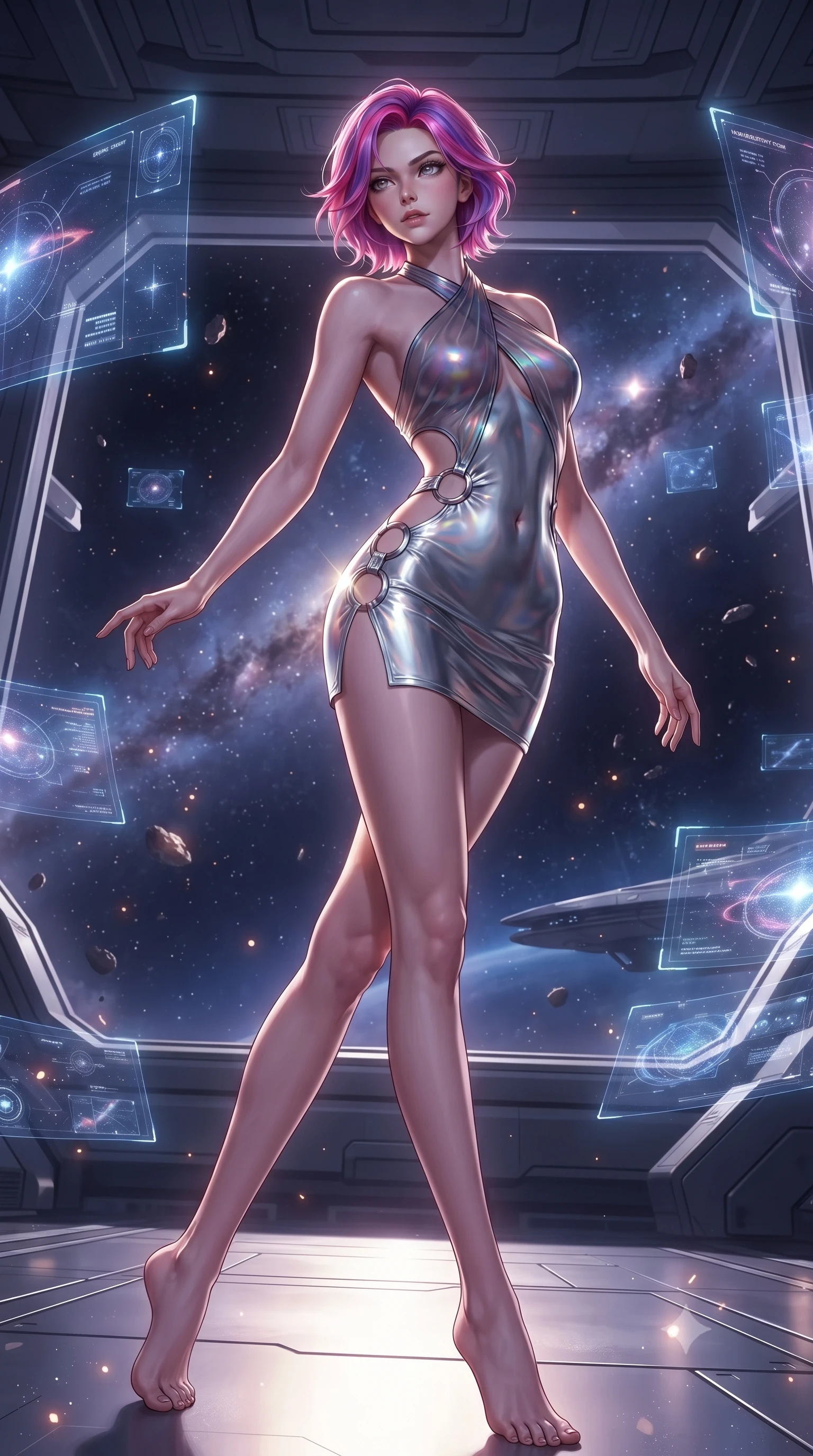 score_9, masterpiece, best quality, ultra-detailed, high-budget anime keyframe, editorial fashion photography, tasteful artistic composition, Caucasian woman. low angle full-body shot from head to toe showing her feet, filling the entire 9:16 vertical frame with her statuesque presence, stretching her vertical silhouette. arching her back in a fluid zero-gravity turn with sovereign grace, her long slender legs and sculpted torso creating a sweeping line while pivoting in zero-gravity amidst floating holographic navigation charts and glowing celestial debris. The surrounding environment is rendered in vivid detail and crisp panoramic clarity. epic deep space scale and advanced starship architectural details rendered with environmental sharpness. She has an absolutely perfect, statuesque 8.5-heads proportion, an exceptionally tall and slender model-like female figure with impossibly long slender legs and an ultra-slim waist. sharp v-shaped jawline, high-bridge nose, intricate jewel-like eyes with depth, thick eyelashes, glossy lips with a natural sheen, flawlessly proportioned anatomical accuracy, natural body alignment, perfectly sculpted elegant limbs, clean dynamic posture without body distortion. wearing a molten silver liquid-metal mini dress featuring deep side-waist cutouts and a daring crossover halter neckline in translucent smoky quartz and iridescent holographic sheen, made of smooth iridescent silk chiffon that shifts colors with movement, detailed with polished silver rings connecting the daring side-waist cutouts, the form-contouring second-skin material highlighting her ultra-slim waist and long lines. bathed in blinding white and gold supernova celestial radiance with deep cosmic purple shadows. ultra-reflective glossy finish, specular highlights, metallic sheen, high-contrast stereoscopic depth, volumetric dynamic lighting, 2k, ultra detail, master piece, 9:16 ratio