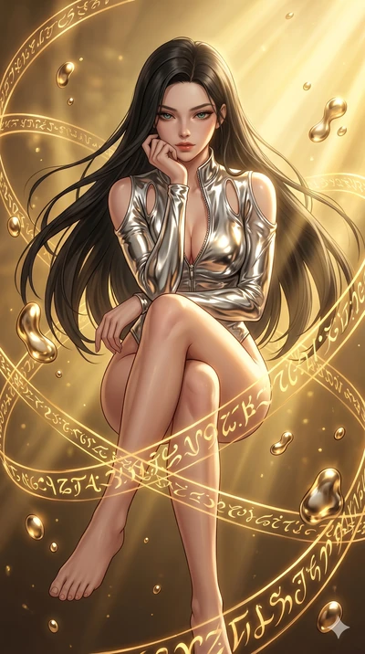 score_9, masterpiece, best quality, ultra-detailed, high-budget anime keyframe, Korean woman. Upper body close-up from the thighs up, character filling the screen for maximum presence. She is sitting cross-legged mid-air, levitating amidst swirling g