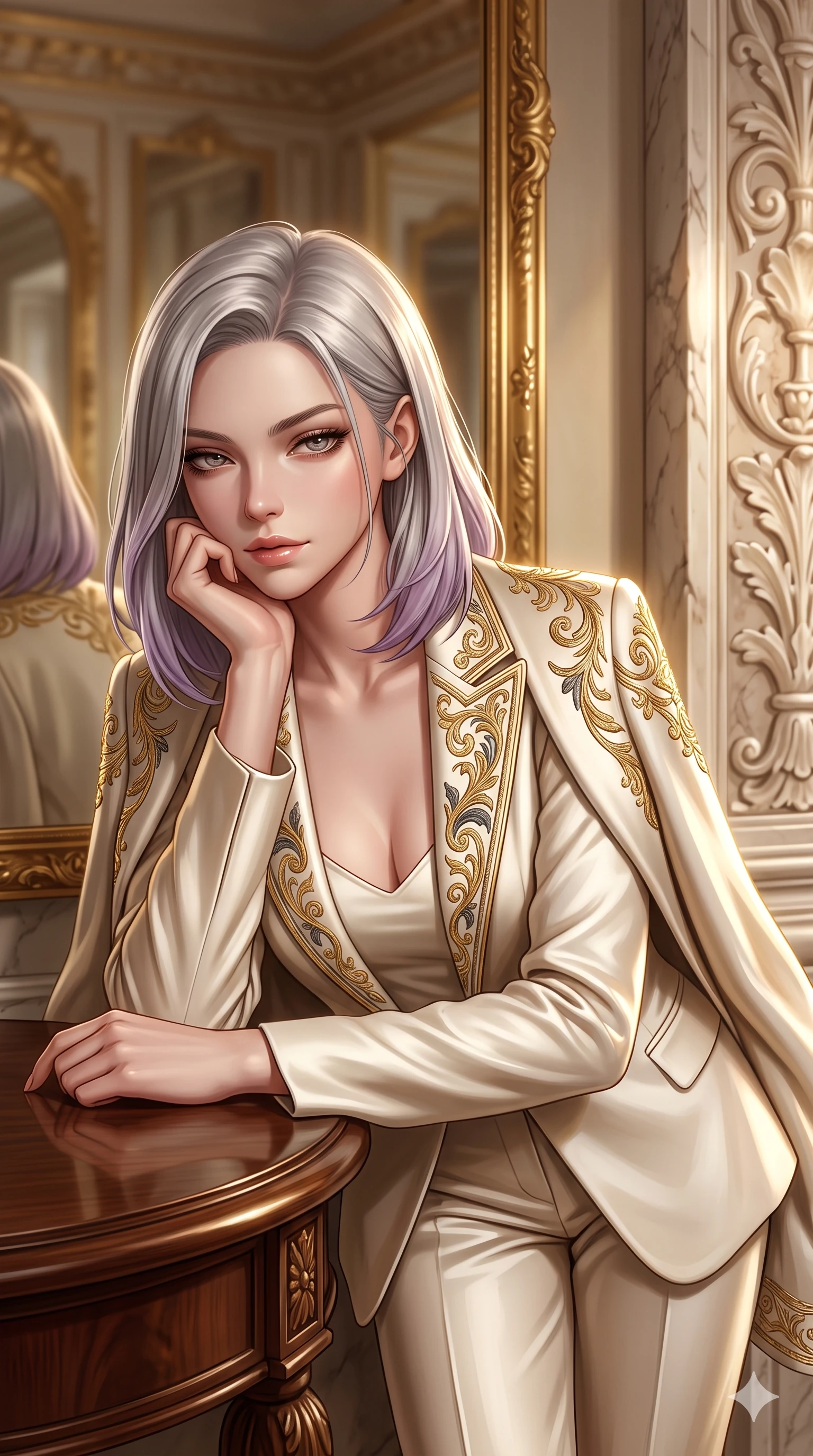 score_9, masterpiece, best quality, ultra-detailed, high-budget anime keyframe, semi-realistic 3D game render, editorial fashion photography, tasteful artistic composition, Caucasian woman. close-up cowboy shot from the waist and thighs up, the character dominates the composition, filling the frame with her large presence. resting one elbow on the table and supporting her chin, leaning close to the camera with heavy-lidded sparkling eyes and parted lips while leaning against the carved alabaster pilaster with hips cocked back, looking into the ornate mirror with heavy-lidded seductive bedroom-eyes. The background shows a soft-focus aristocratic gallery atmosphere softened in private mirror hall shallow focus. She has an exceptionally elegant, slender, and willowy female figure with an ultra-slim waist, flat toned midriff, narrow ribcage, and sculpted feminine hips creating an alluring, slim hourglass silhouette without bulk. sharp v-shaped jawline, high-bridge nose, intricate jewel-like sparkling eyes with depth, thick eyelashes, glossy parted lips with a natural sheen, intensely captivating and seductive bedroom-eyes expression, exuding both youthful cute charm and sovereign luxury allure, flawlessly proportioned anatomical accuracy, strict slender model proportions, natural body alignment, perfectly sculpted long slender limbs, ultra-slim waistline, clean dynamic posture without body distortion. wearing a bespoke Venetian tailored pantsuit in liquid ivory silk with golden filigree embroidery tracing the lapels in charcoal grey and polished chrome, crafted from bespoke double-faced cashmere with an exceptionally soft tactile finish, complemented by strappy stiletto sandals with metallic ankle wraps accentuating her slender calves, the bespoke structured tailoring following the natural line of her 8.5-heads silhouette with refined elegance. illuminated by mirrored wall bounce and sharp diamond-gold rim lights carving her sculpted collarbones, ultra-slim waist, and curvy hips. highly saturated vibrant anime colors, detailed shading with soft gradients, rich glossy textures, high-contrast stereoscopic depth, volumetric dynamic lighting, master piece, 9:16 ratio