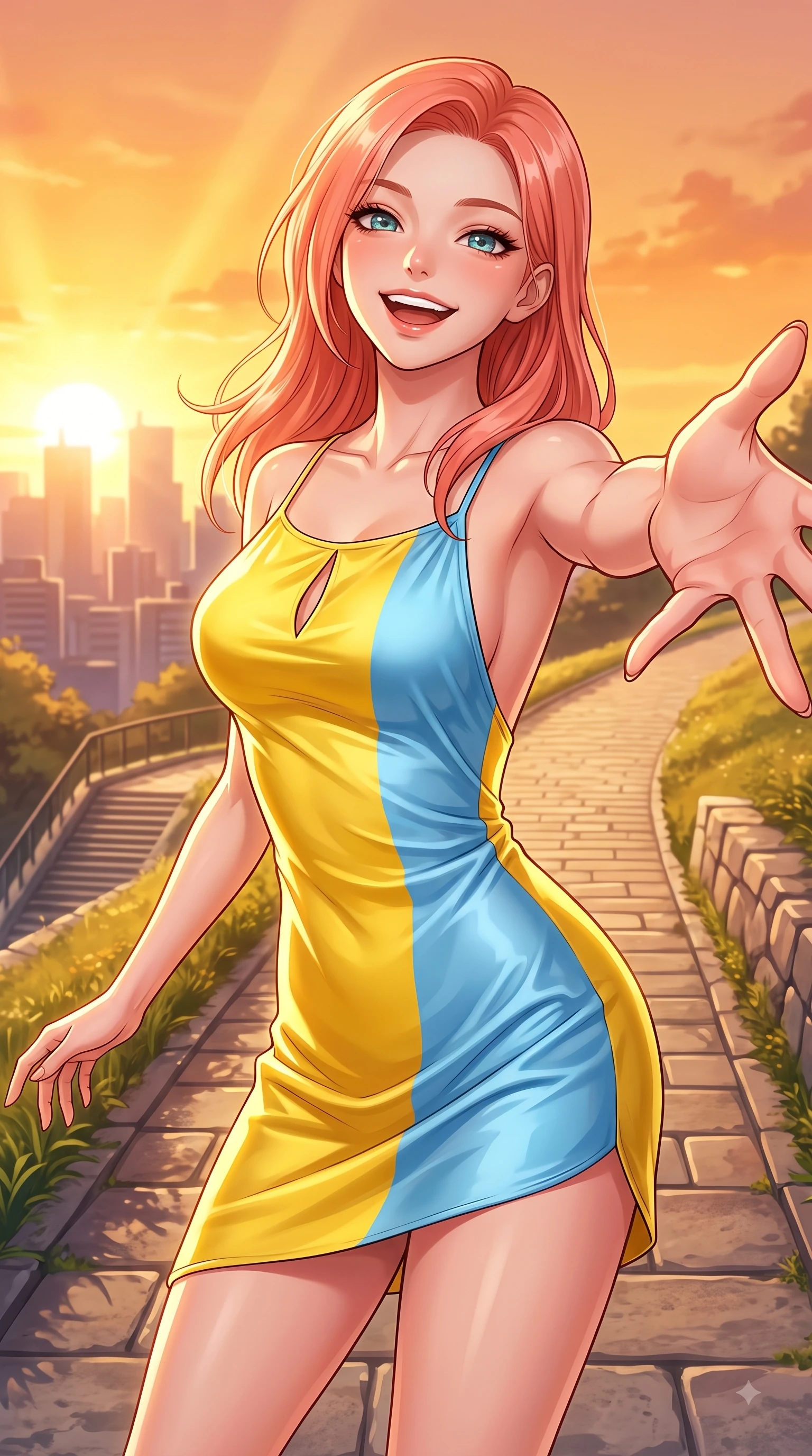 score_9, masterpiece, best quality, ultra-detailed, high-budget anime keyframe, editorial fashion photography, tasteful artistic composition, Japanese woman. close-up cowboy shot from the waist and thighs up, the character dominates the composition, filling the frame with her large presence. Tilting her chin up with a sweet beaming smile of pure delight while balancing dynamically amidst the scene while reaching one hand out playfully toward the camera with a joyful, beaming smile. The surrounding environment is rendered in vivid detail and crisp panoramic clarity. scenic walking paths and distant city skyline silhouettes captured with environmental clarity. She has an exceptionally elegant, slender, and willowy female figure with an ultra-slim waist, a gracefully sculpted slender torso, and a refined silhouette. sharp v-shaped jawline, high-bridge nose, intricate jewel-like eyes with depth, thick eyelashes, glossy lips with a natural sheen, flawlessly proportioned anatomical accuracy, natural body alignment, perfectly sculpted elegant limbs, clean dynamic posture without body distortion. wearing a precision-fitted liquid satin slip dress with fluid draped lines and an open back in sunny canary yellow and clear sky blue, made of lustrous stretch velvet, accented with a Tasteful chest slit framing her clavicle gracefully, the form-contouring material highlighting her ultra-slim waist and long lines. bathed in glorious golden hour sunset sunbeams and warm amber sky radiance. highly saturated vibrant anime colors, detailed shading with soft gradients, rich glossy textures, high-contrast stereoscopic depth, volumetric dynamic lighting, master piece, 9:16 ratio