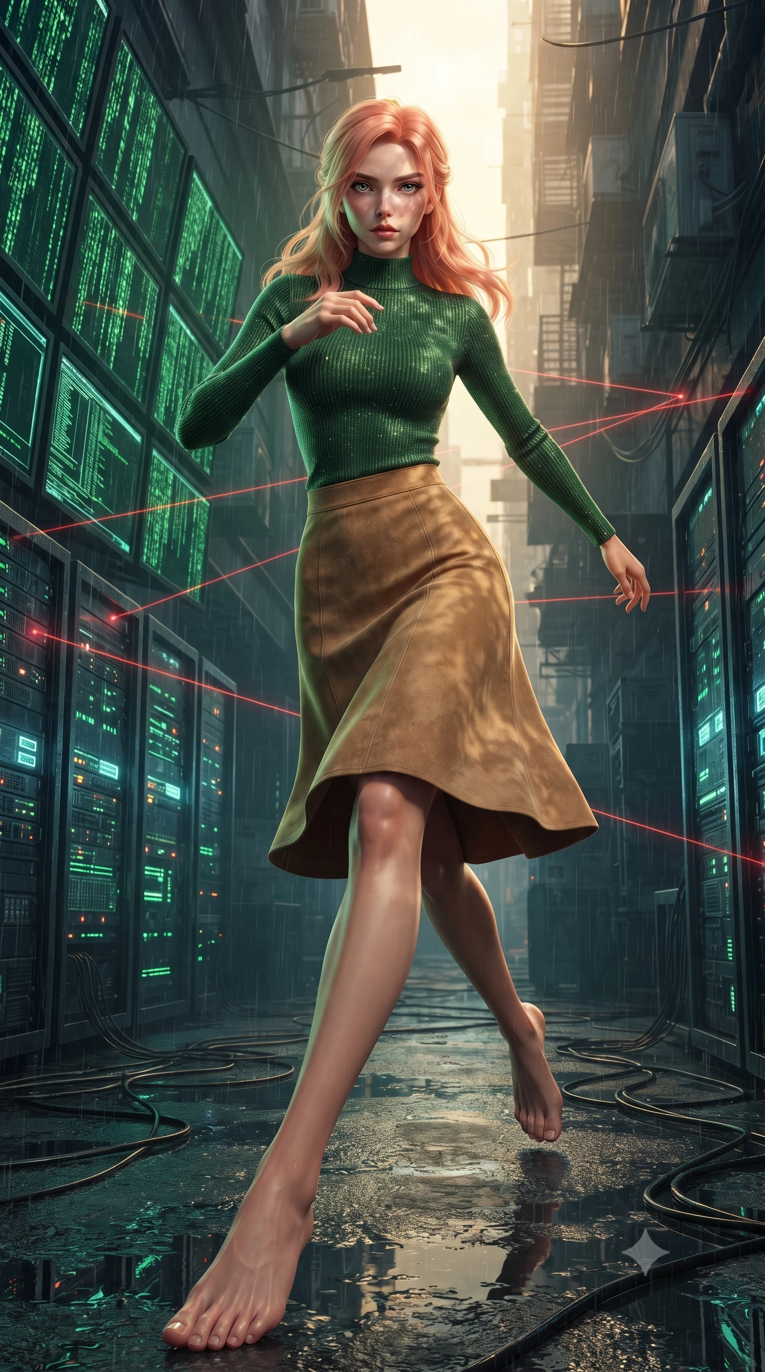 score_9, masterpiece, best quality, ultra-detailed, high-budget anime keyframe, editorial fashion photography, tasteful artistic composition, realistic cosplay photography, Japanese woman. low angle full-body shot from head to toe showing her feet, filling the entire 9:16 vertical frame with her statuesque presence, stretching her vertical silhouette. dashing through rain-slicked cyberpunk alleyways, dodging laser tripwires with fluid agility through a dark hacker hideout filled with columns of server racks, wires running across the floor, and a wall of matrix-like green code monitors. She has a statuesque 8.5-heads proportion, an exceptionally tall, slender and willowy model-like build with impossibly long legs and a highly sculpted ultra-slim waist. sharp v-shaped jawline, high-bridge nose, intricate jewel-like eyes with depth, thick eyelashes, glossy lips with a natural sheen. wearing catching and diffusing the glowing particles, shimmering softly in response to the surrounding light, a body-hugging high-neck forest green ribbed long-sleeve top paired with a tan suede A-line midi skirt. warm golden afternoon sunbeams casting soft organic leaf shadows across her skin. ultra-reflective glossy finish, specular highlights, metallic sheen, high-contrast stereoscopic depth, volumetric dynamic lighting, 2k, ultra detail, master piece, 9:16 ratio