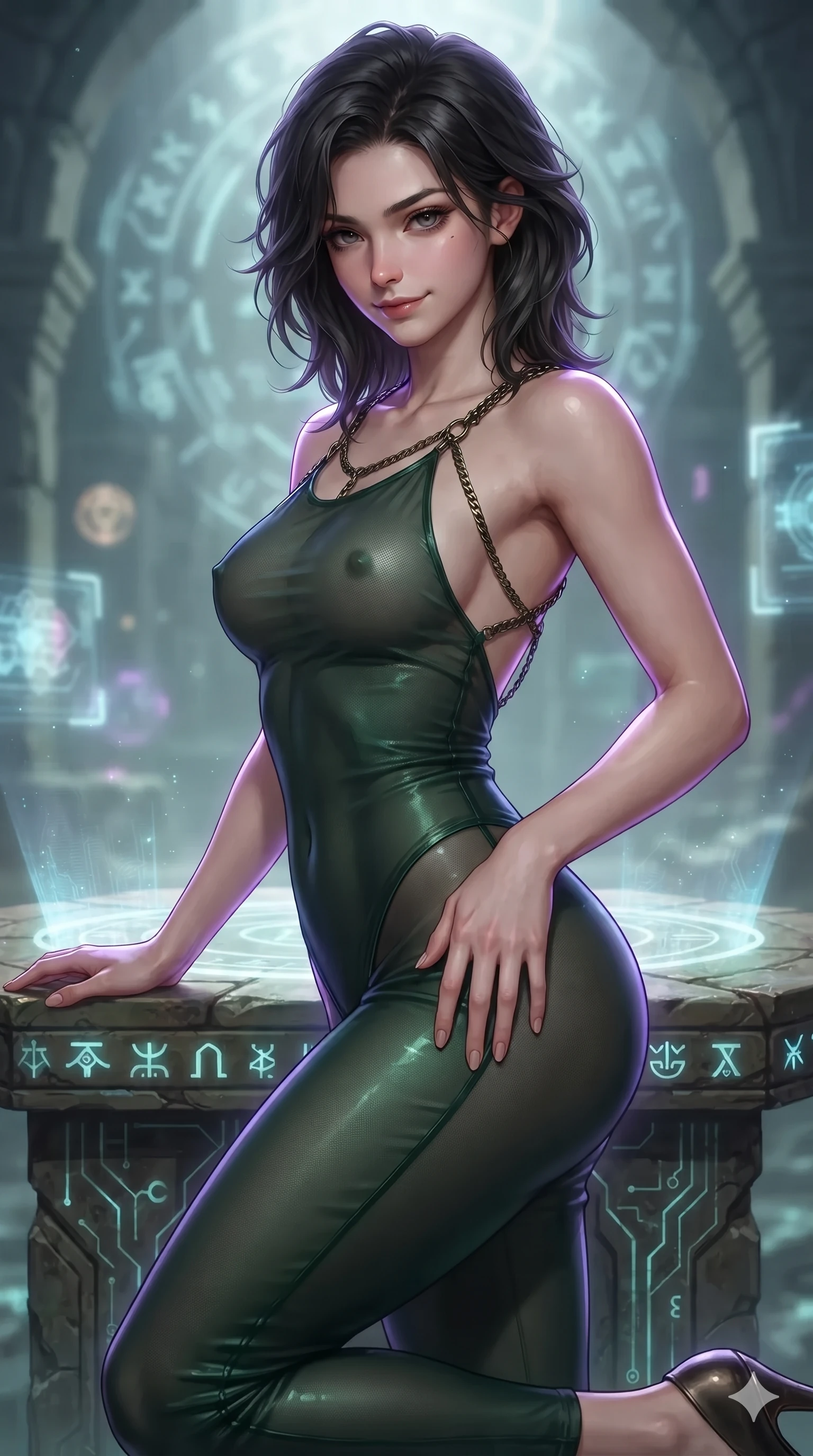 score_9, masterpiece, best quality, ultra-detailed, high-budget anime keyframe, editorial fashion photography, tasteful artistic composition, Korean woman. close-up cowboy shot from the waist and thighs up, the character dominates the composition, filling the frame with her large presence. tilting her head with a teasing half-smile, running one hand slowly down the side of her hip in a flirtatious S-curve while kneeling on one knee beside the digital altar dais with hips angled toward the camera, her dark tailored fit highlighting her hourglass curves. The background shows a soft-focus cyber-occult subterranean sanctuary softened in mystical digital shallow focus. She has an exceptionally elegant, slender, and willowy female figure with an ultra-slim waist, flat toned midriff, narrow ribcage, and sculpted feminine hips creating an alluring, slim hourglass silhouette without bulk. sharp v-shaped jawline, high-bridge nose, intricate jewel-like dark sparkling eyes with hypnotic seductive depth, thick curled eyelashes, glossy parted lips with a natural wine sheen, alluring bedroom-eyes with an enigmatic smoldering smile, exuding magnetic sovereign charisma and dark avant-garde glamour, flawlessly proportioned anatomical accuracy, strict slender model proportions, natural body alignment, perfectly sculpted long slender limbs, ultra-slim waistline, clean dynamic posture without body distortion. wearing a delicate semi-translucent wet-look mesh bodysuit clinging sheerly to her sculpted torso and hip curves in deep velvet forest green and antique brass, tailored from smooth liquid silk satin that clings smoothly to her narrow waist and rounded hips with a dewy sheen, accented with a dark metallic body chain harness subtly framing her dewy collarbones and spine, the high-slit wrap tailoring accentuating her ultra-slim waistline and the enchanting curve of her feminine hips with alluring seductive charm. illuminated by holographic ground circle upward bounce and sharp electric-violet rim lights sculpting her razor-sharp jawline, narrow waist, and curvy hips. ultra-reflective glossy finish, specular highlights, metallic sheen, high-contrast stereoscopic depth, volumetric dynamic lighting, 2k, ultra detail, master piece, 9:16 ratio