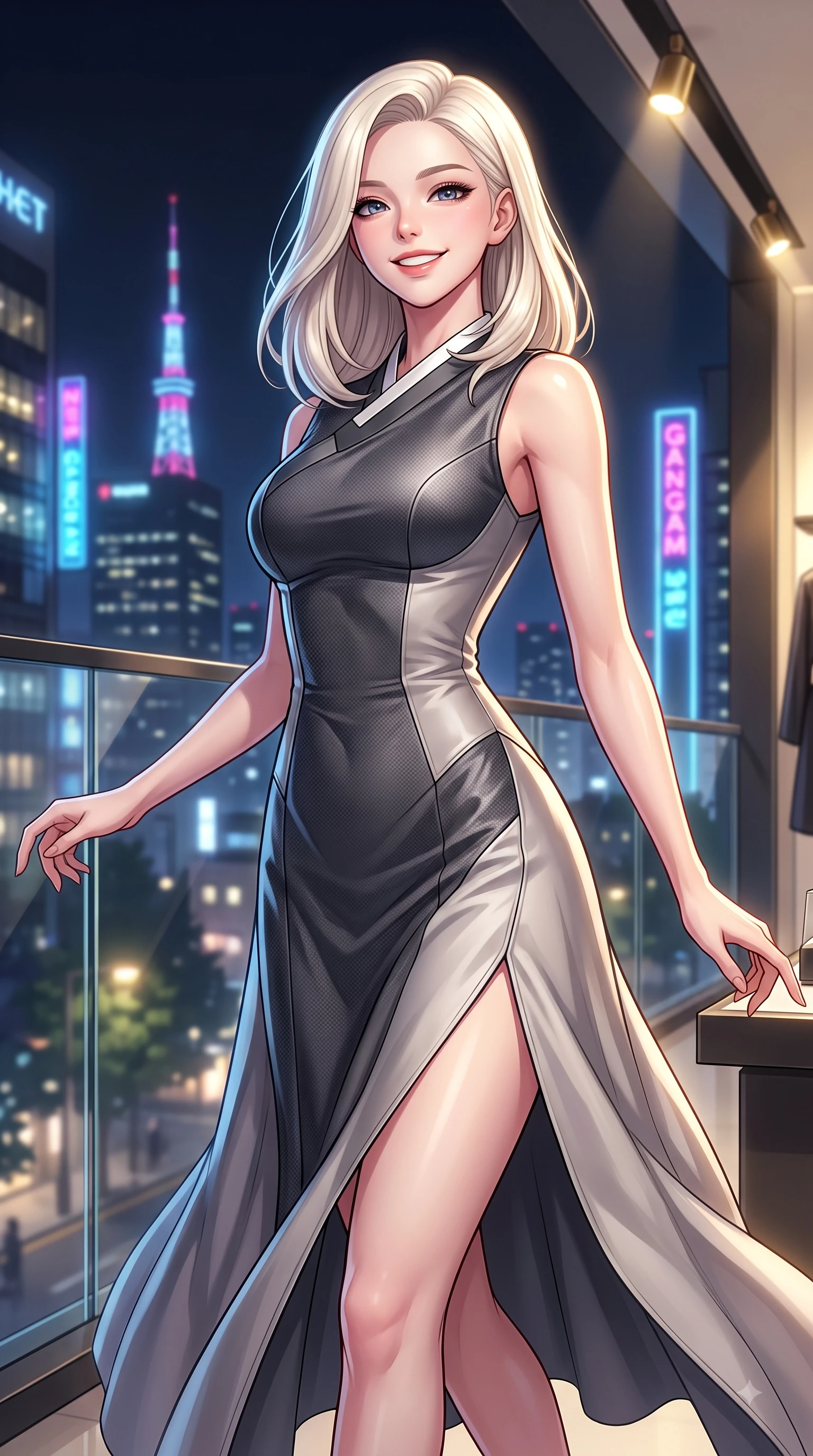 score_9, masterpiece, best quality, ultra-detailed, high-budget anime keyframe, editorial fashion photography, tasteful artistic composition, Caucasian woman. close-up cowboy shot from the waist and thighs up, the character dominates the composition, filling the frame with her large presence, background elements kept in soft focus. Tilting her chin up with a sweet beaming smile of pure delight while balancing dynamically amidst the scene while stepping gracefully through a luxury fashion boutique in Gangnam with a chic, magnetic posture, glistening city skyline lights and neon tower signs twinkling softly through glass railings. She has an exceptionally elegant, slender, and willowy female figure with an ultra-slim waist, a gracefully sculpted slender torso, and a refined silhouette. sharp v-shaped jawline, high-bridge nose, intricate jewel-like eyes with depth, thick eyelashes, glossy lips with a natural sheen, flawlessly proportioned anatomical accuracy, natural body alignment, perfectly sculpted elegant limbs, clean dynamic posture without body distortion. wearing a modern fusion silk hanbok dress with a structured bodice and flowing skirt in charcoal grey and platinum, made of fine carbon-fiber weave and soft matte leather, finished with a sleek side slit ascending to mid-thigh, the tailored fabric tightly following every curve of her athletic build. bathed in dramatic high-contrast urban night lights and sleek golden spotlights. highly saturated vibrant anime colors, detailed shading with soft gradients, rich glossy textures, high-contrast stereoscopic depth, volumetric dynamic lighting, master piece, 9:16 ratio