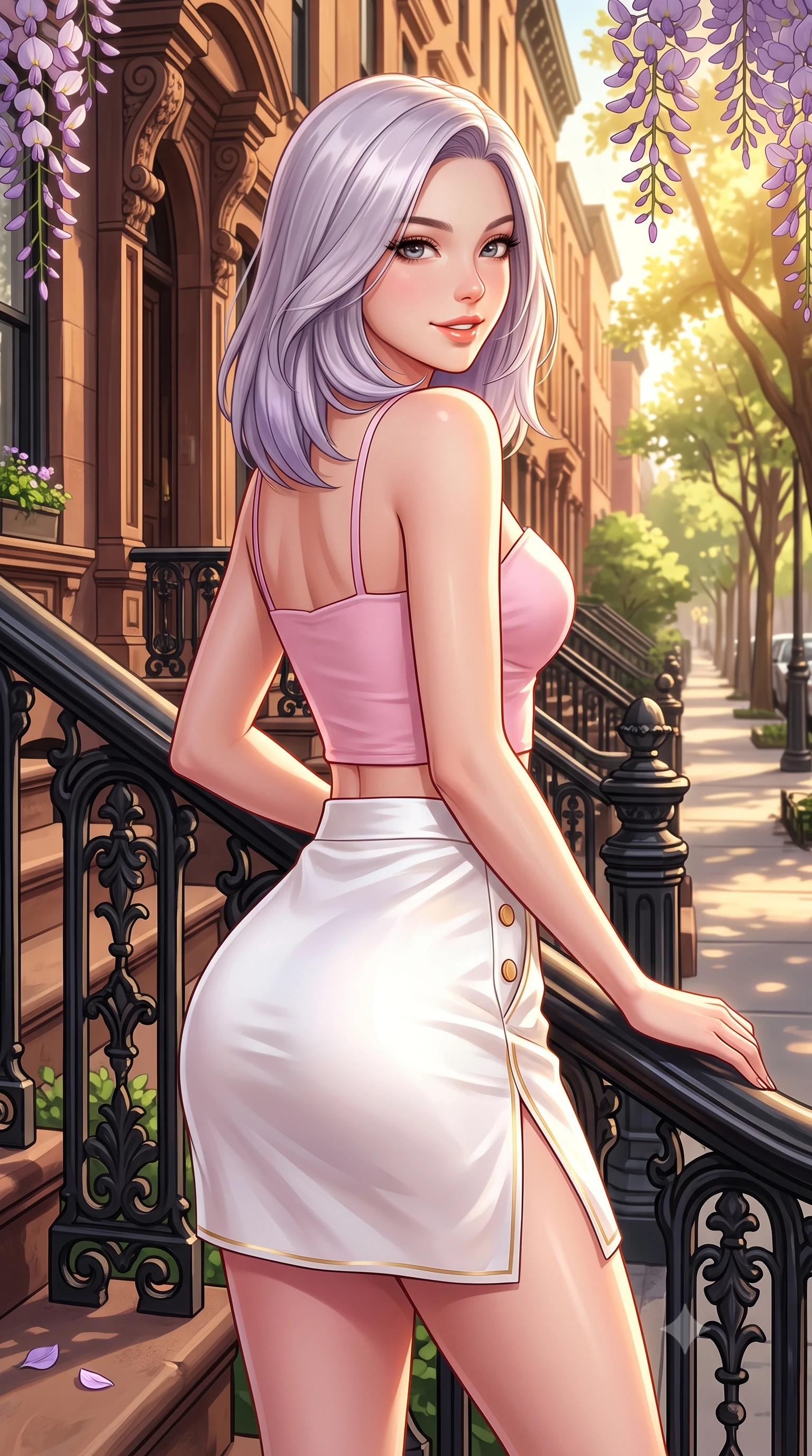 score_9, masterpiece, best quality, ultra-detailed, high-budget anime keyframe, semi-realistic 3D game render, editorial fashion photography, tasteful artistic composition, Caucasian woman. close-up cowboy shot from the waist and thighs up, the character dominates the composition, filling the frame with her large presence. posing in an alluring rear three-quarter angle, turning over a bare shoulder with an intoxicating cute smile, her hips cocked back to highlight her slim hourglass curve while leaning against the ornate black cast-iron handrail with hips cocked back, looking over her shoulder with effortless downtown supermodel charisma. The surrounding environment is rendered in vivid detail and crisp panoramic clarity. sharp carved brownstone masonry textures, black iron handrail details, and wisteria petal venation in deep focus. She has an exceptionally elegant, slender, and willowy female figure with an ultra-slim waist, flat toned midriff, narrow ribcage, and sculpted feminine hips creating an alluring, slim hourglass silhouette without bulk. sharp v-shaped jawline, high-bridge nose, intricate jewel-like sparkling eyes with depth, thick eyelashes, glossy parted lips with a natural peach sheen, bright cheerful beaming smile with an enchanting and coquettish sensual glint, exuding both youthful cute charm and seductive allure, flawlessly proportioned anatomical accuracy, strict slender model proportions, natural body alignment, perfectly sculpted long slender limbs, ultra-slim waistline, clean dynamic posture without body distortion. wearing a sweetheart-neckline baby-pink crop top with a high-slit wrap mini skirt accentuating her waist-to-hip curve in pure alabaster white and sun-kissed gold, made of smooth fluid silk satin with a delicate pearlescent sheen, finished with neat front wooden buttons and delicate pocket details, the high-waisted tailoring accentuating her ultra-slim waistline and the enchanting curve of her feminine hips with alluring charm. bathed in warm, golden afternoon sunlight streaming down the historic tree-lined street. highly saturated vibrant anime colors, detailed shading with soft gradients, rich glossy textures, high-contrast stereoscopic depth, volumetric dynamic lighting, master piece, 9:16 ratio