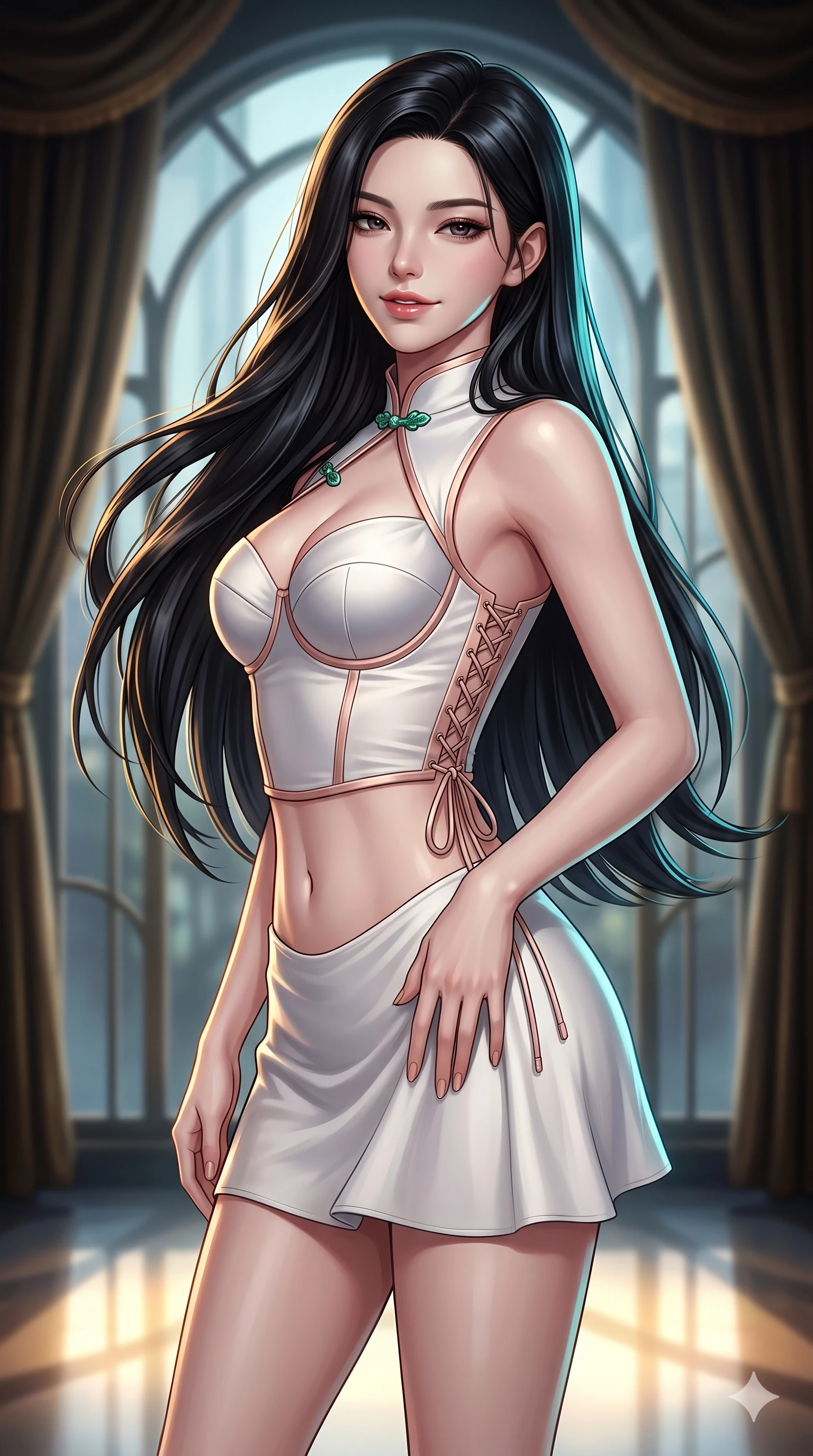 score_9, masterpiece, best quality, ultra-detailed, high-budget anime keyframe, semi-realistic 3D game render, editorial fashion photography, tasteful artistic composition, Korean woman. close-up cowboy shot from the waist and thighs up, the character dominates the composition, filling the frame with her large presence. arching her spine backward with effortless dancer poise, one hand sliding along her hip line as directional light carves specular highlights along her silhouette while turning slowly with an enchanting smoldering smile, her glossy hair tossing in the breeze as her hips angle gracefully in a captivating contrapposto. The background shows a soft-focus curved Art Deco glass windows and heavy velvet drapes softened in glamorous cinematic shallow focus. She has an exceptionally elegant, slender, and willowy female figure with an ultra-slim waist, flat toned midriff, narrow ribcage, and sculpted feminine hips creating an alluring, slim hourglass silhouette without bulk. sharp v-shaped jawline, high-bridge nose, intricate jewel-like sparkling eyes with depth, thick eyelashes, glossy parted lips with a natural sheen, intensely captivating and seductive bedroom-eyes expression, exuding both youthful cute charm and sovereign luxury allure, flawlessly proportioned anatomical accuracy, strict slender model proportions, natural body alignment, perfectly sculpted long slender limbs, ultra-slim waistline, clean dynamic posture without body distortion. wearing a sculpted matte satin underwire crop corset with lace-up side ties paired with a low-rise micro skirt in celestial porcelain white and rose-gold, tailored from heavy double-faced silk georgette with an exceptionally fluid drape, finished with sleek jade frog closures glinting along her high collar, the liquid-tight tailored fabric clinging flawlessly to her narrow waist and rounded feminine hips, emphasizing every millimeter of her sculpted slim hourglass curves without any bulky heaviness. illuminated by floor reflections and sharp gold-cyan rim lights defining her razor-sharp jawline, narrow waist, and curvy hips. highly saturated vibrant anime colors, detailed shading with soft gradients, rich glossy textures, high-contrast stereoscopic depth, volumetric dynamic lighting, master piece, 9:16 ratio