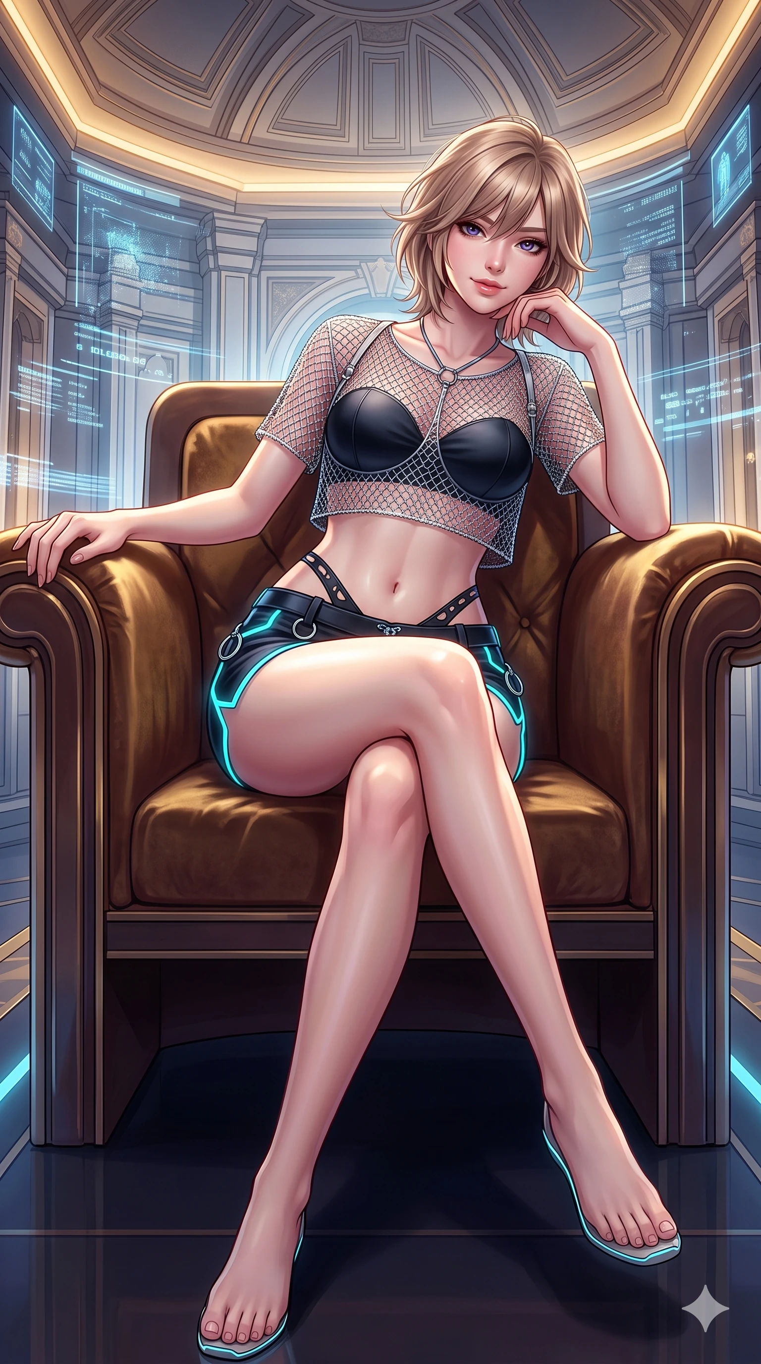 score_9, masterpiece, best quality, ultra-detailed, high-budget anime keyframe, semi-realistic 3D game render, editorial fashion photography, tasteful artistic composition, Japanese woman. low angle full-body shot from head to toe showing her feet, filling the entire 9:16 vertical frame with her statuesque presence, stretching her vertical silhouette. lounging in a plush velvet VIP booth propped on one elbow with legs crossed, flashing an intoxicating smile with parted glossy lips while sitting poised in the high-backed diplomatic throne propped on one elbow with legs crossed, flashing an enchanting, confident smile. The surrounding environment is rendered in vivid detail and crisp panoramic clarity: intricate high-collar pilot suit tailoring, structured shoulder lines, and imperial senate architecture in razor-sharp clarity. She has an absolutely perfect, statuesque 8.5-heads proportion, an exceptionally tall and slender model-like female figure with impossibly long slender legs, an ultra-slim waist, a flat toned midriff, narrow delicate ribcage, and beautifully sculpted feminine hips creating a graceful, slim hourglass silhouette without any bulky heaviness. sharp v-shaped jawline, high-bridge nose, intricate jewel-like sparkling eyes with depth, thick eyelashes, glossy parted lips with a natural sheen, bright confident smile with an enchanting and coquettish sensual glint, exuding both youthful magnetic charm and sovereign high-tech allure, flawlessly proportioned anatomical accuracy, strict slender model proportions, natural body alignment, perfectly sculpted long slender limbs, ultra-slim waistline, clean dynamic posture without body distortion. wearing a delicate silver chainmail mesh crop top layered over a sculpted matte black bandeau with low-rise combat shorts in matte obsidian black and glowing neon cyan trim, adorned with delicate chrome ring hardware and cutouts along her slender waist, accented with a chrome-drop body harness subtly framing her dewy collarbones and spine, the liquid-tight tailored fabric clinging flawlessly to her narrow waist and rounded feminine hips, emphasizing every millimeter of her sculpted slim hourglass curves without any bulky heaviness. bathed in the prestigious warm 2800K glow of recessed golden cove lighting mixed with crisp cold white crystal data projections. highly saturated vibrant anime colors, detailed shading with soft gradients, rich glossy textures, high-contrast stereoscopic depth, volumetric dynamic lighting, master piece, 9:16 ratio