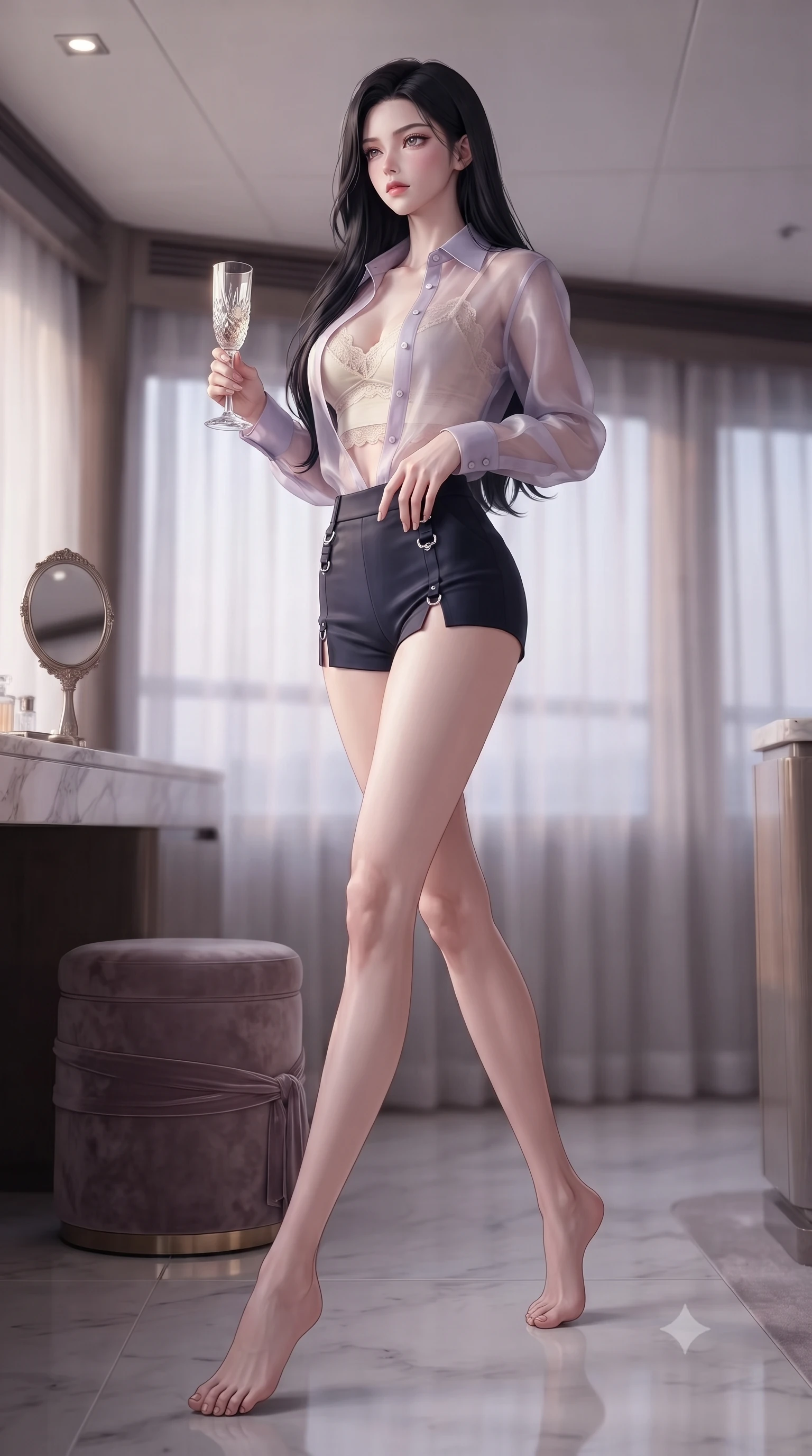 score_9, masterpiece, best quality, ultra-detailed, high-budget anime keyframe, editorial fashion photography, tasteful artistic composition, Korean woman. low angle full-body shot from head to toe showing her feet, filling the entire 9:16 vertical frame with her statuesque presence, stretching her vertical silhouette. stepping gracefully across the floor, her statuesque posture highlighting her slender waist while holding a crystal champagne glass set against a soft-focus background of inside an exclusive yacht cabin with a velvet-wrapped stool and an antique hand mirror resting on a marble counter. She has an absolutely perfect, statuesque 8.5-heads proportion, an exceptionally tall and slender model-like female figure with impossibly long slender legs and an ultra-slim waist. sharp v-shaped jawline, high-bridge nose, intricate jewel-like eyes with depth, thick eyelashes, glossy lips with a natural sheen. wearing slim-fit pale lavender sheer organza sheer organza button-up shirt worn over a lace-accented crop top and high-cut mini shorts accented with delicate silver hardware. softened by diffused twilight glow filtering through sheer chiffon window curtains. ultra-reflective glossy finish, specular highlights, metallic sheen, high-contrast stereoscopic depth, volumetric dynamic lighting, 2k, ultra detail, master piece, 9:16 ratio