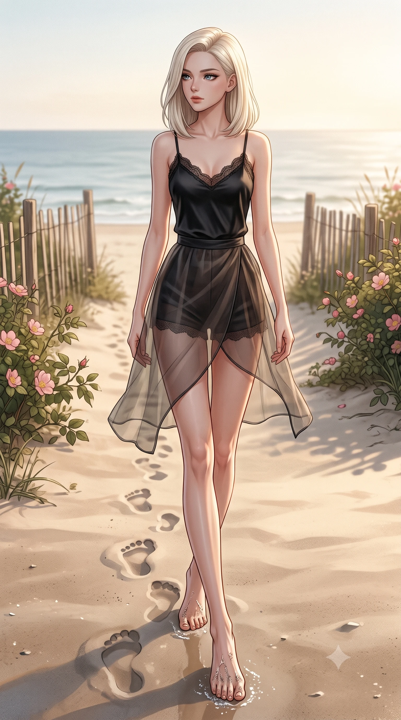 score_9, masterpiece, best quality, ultra-detailed, high-budget anime keyframe, editorial fashion photography, tasteful artistic composition, Caucasian woman woman. low angle full-body shot from head to toe showing her feet, filling the entire 9:16 vertical frame with her statuesque presence, stretching her vertical silhouette. walking slowly along the shoreline, leaving footprints in the wet sand the background shows a soft-focus a simple sandy path bordered by rustic wooden fences and wild rose bushes leading to the sea. She has an absolutely perfect, statuesque 8.5-heads proportion, an exceptionally tall and slender model-like female figure with impossibly long slender legs and an ultra-slim waist. sharp v-shaped jawline, high-bridge nose, intricate jewel-like eyes with depth, thick eyelashes, glossy lips with a natural sheen. wearing a tailored delicate lace-trim camisole in black silk, paired with a sheer organza wrap skirt and shorts. soft morning sunrays creating a fresh and serene atmosphere. 2k, ultra detail, master piece, 9:16 ratio