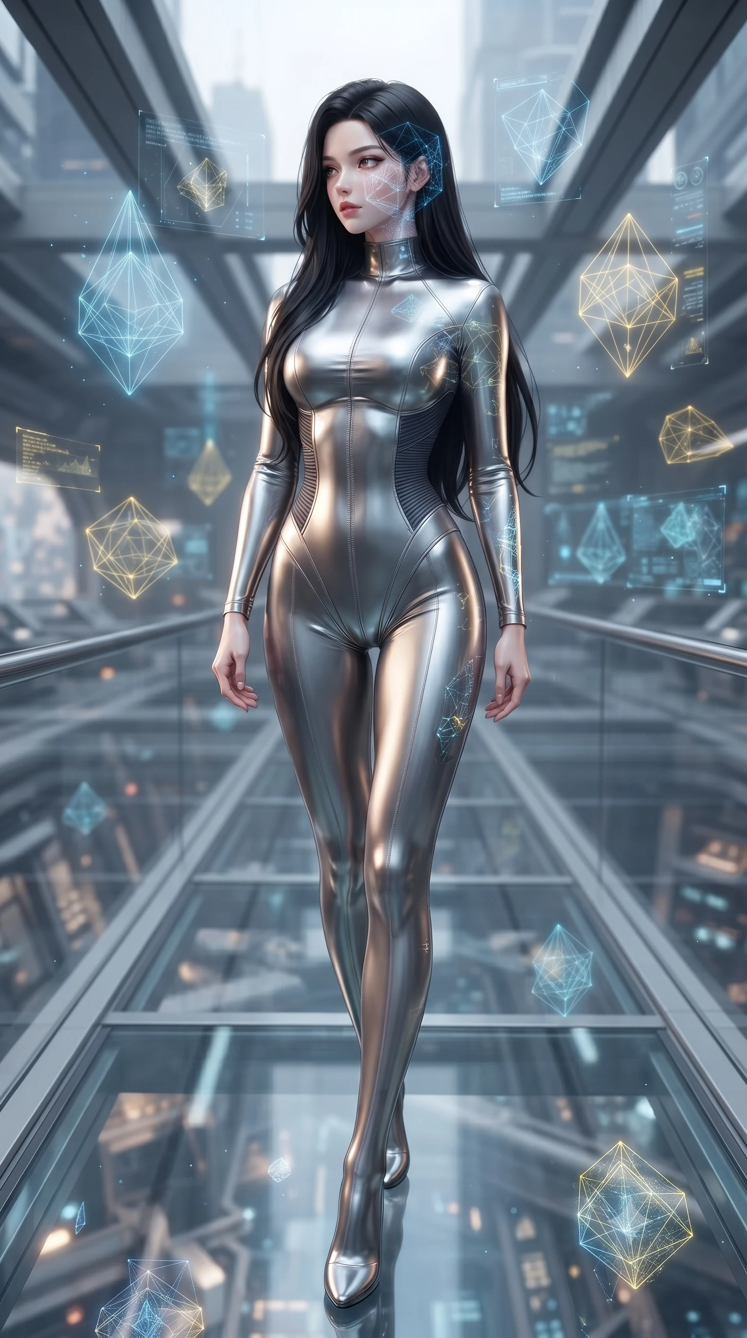 score_9, masterpiece, best quality, ultra-detailed, high-budget anime keyframe, editorial fashion photography, tasteful artistic composition, Korean woman. low angle full-body shot from head to toe showing her feet, filling the entire 9:16 vertical frame with her statuesque presence, stretching her vertical silhouette. walking slowly along a glass skybridge, looking back over her shoulder with an air of effortless grace, the background shows a soft-focus a nanotech control bay with floating wireframe models of geometric crystals. She has an absolutely perfect, statuesque 8.5-heads proportion, an exceptionally tall and slender model-like female figure with impossibly long slender legs and an ultra-slim waist. sharp v-shaped jawline, high-bridge nose, intricate jewel-like eyes with depth, thick eyelashes, glossy lips with a natural sheen. wearing a body-hugging body-hugging titanium-sheen mock-neck bodysuit, featuring elastic compression panels at the waist. soft blue and yellow wireframe holograms casting delicate geometric patterns on her. ultra-reflective glossy finish, specular highlights, metallic sheen, high-contrast stereoscopic depth, volumetric dynamic lighting, 2k, ultra detail, master piece, 9:16 ratio