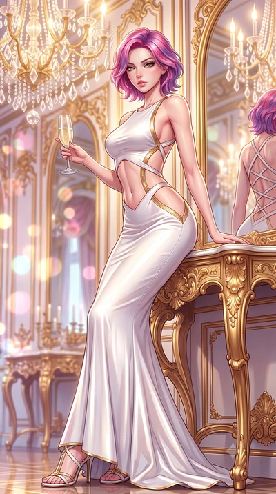 score_9, masterpiece, best quality, ultra-detailed, high-budget anime keyframe, semi-realistic 3D game render, editorial fashion photography, tasteful artistic composition, Caucasian woman. low angle full-body shot from head to toe showing her feet, 