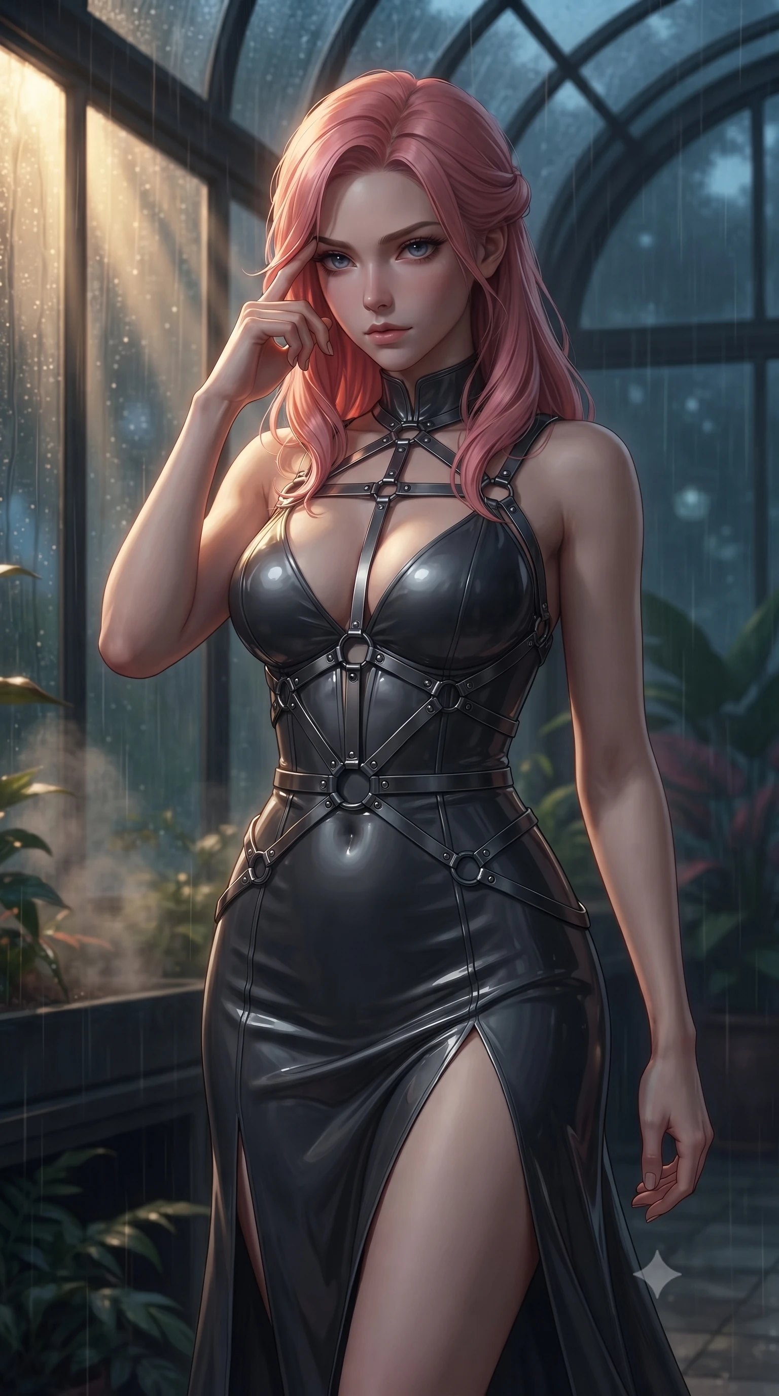 score_9, masterpiece, best quality, ultra-detailed, high-budget anime keyframe, editorial fashion photography, tasteful artistic composition, Japanese woman. close-up cowboy shot from the waist and thighs up, the character dominates the composition, filling the frame with her large presence, background elements kept in soft focus. Pressing two fingers to her temple in a composed, sharp thoughtful gesture, walking through a glass conservatory shrouded in thick midnight rain fog, cool night atmosphere outside contrasting with warm humid interior steam. She has an exceptionally elegant, slender, and willowy female figure with an ultra-slim waist, a gracefully sculpted slender torso, and a refined silhouette. sharp v-shaped jawline, high-bridge nose, intricate jewel-like eyes with depth, thick eyelashes, glossy lips with a natural sheen. wearing low-cut gothic structured bodice gown with high leg slit in dark charcoal gray, made of high-gloss liquid vinyl, highlighted by a gunmetal metallic harness structure, sculpting her athletic slender build with refined precision. lit by low-key golden rays piercing through rain-streaked glass. highly saturated vibrant anime colors, detailed shading with soft gradients, rich glossy textures, high-contrast stereoscopic depth, volumetric dynamic lighting, master piece, 9:16 ratio