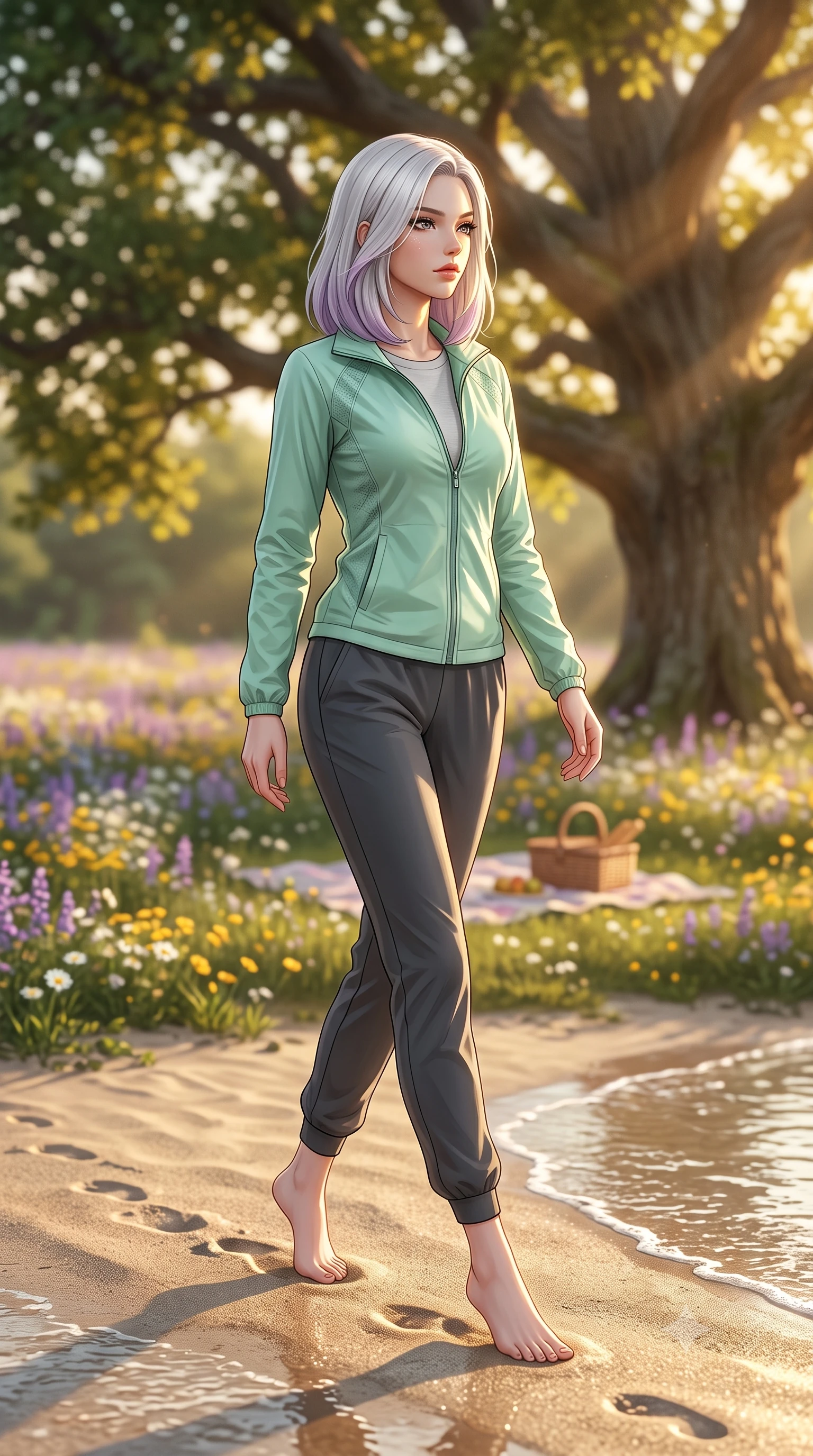 score_9, masterpiece, best quality, ultra-detailed, high-budget anime keyframe, editorial fashion photography, tasteful artistic composition, Caucasian woman woman. low angle full-body shot from head to toe showing her feet, filling the entire 9:16 vertical frame with her statuesque presence, stretching her vertical silhouette. walking slowly along the shoreline, leaving footprints in the wet sand the background shows a soft-focus a picnic blanket under the shade of a large oak tree in a vast field of wildflowers. She has an absolutely perfect, statuesque 8.5-heads proportion, an exceptionally tall and slender model-like female figure with impossibly long slender legs and an ultra-slim waist. sharp v-shaped jawline, high-bridge nose, intricate jewel-like eyes with depth, thick eyelashes, glossy lips with a natural sheen. wearing a form-contouring light windbreaker jacket in mint green over a grey cotton tee and dark jogger pants. warm golden afternoon sunbeams filtering through the oak leaves. 2k, ultra detail, master piece, 9:16 ratio