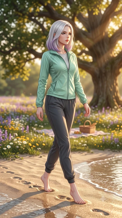 score_9, masterpiece, best quality, ultra-detailed, high-budget anime keyframe, editorial fashion photography, tasteful artistic composition, Caucasian woman woman. low angle full-body shot from head to toe showing her feet, filling the entire 9:16 v