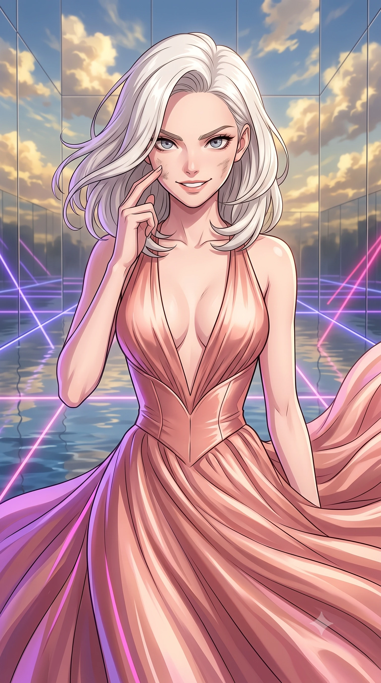 score_9, masterpiece, best quality, ultra-detailed, high-budget anime keyframe, clean line-art, cel-shading, Caucasian woman, strictly human ears. close-up cowboy shot from the waist and thighs up, the character dominates the composition, filling the frame with her large presence, background elements kept in soft focus. Wiping a smudge of dust from her cheek with a confident, defiant grin. set against a soft-focus background of a hall where the floor is water and walls are mirrors, reflecting a sky filled with gold-threaded clouds. She has an exceptionally elegant and slender, willowy female figure with an ultra-slim waist, a gracefully sculpted slender torso, and a refined slim physique. sharp v-shaped jawline, high-bridge nose, intricate jewel-like eyes with depth, thick eyelashes, glossy lips with a natural sheen. wearing the lightweight fabric rippling and billowing dramatically with her movement, a tailored floor-length gown in liquid rose gold, featuring an ultra-deep plunging V-neckline and a highly structured bodice. laser lines of violet and hot pink reflecting off surfaces casting geometric neon highlights. highly saturated vibrant anime colors, intense vivid color palette, volumetric dynamic lighting, 2k, ultra detail, master piece, 9:16 ratio