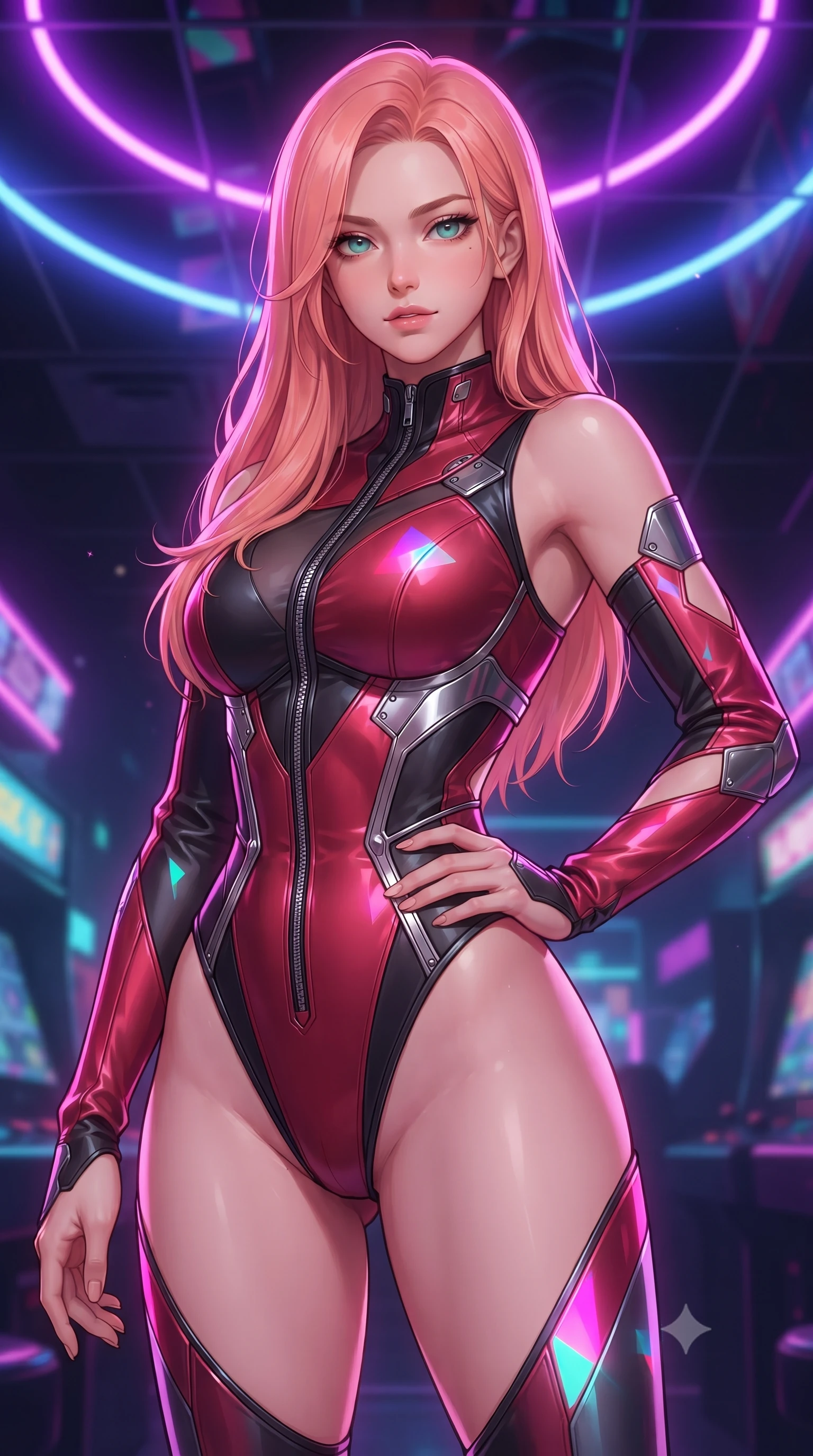 score_9, masterpiece, best quality, ultra-detailed, high-budget anime keyframe, editorial fashion photography, tasteful artistic composition, Japanese woman. close-up cowboy shot from the waist and thighs up, the character dominates the composition, filling the frame with her large presence, background elements kept in soft focus. Holding a confident power pose with one hand on her hip, standing under a mirror ceiling reflecting glowing violet and magenta neon arcs, vibrant magenta and cyan neon rays casting geometric highlights on glossy vinyl. She has an exceptionally elegant, slender, and willowy female figure with an ultra-slim waist, a gracefully sculpted slender torso, and a refined silhouette. sharp v-shaped jawline, high-bridge nose, intricate jewel-like eyes with depth, thick eyelashes, glossy lips with a natural sheen. wearing asymmetric high-cut cyber-bodysuit with detached sleeves in onyx black in pitch-black onyx, made of soft crimson satin, finished with metallic silver boning and sleek zipper points, the fitted fabric emphasizing her ultra-slim waist. lit by piercing key rays emerging from deep futuristic shadows. highly saturated vibrant anime colors, detailed shading with soft gradients, rich glossy textures, high-contrast stereoscopic depth, volumetric dynamic lighting, master piece, 9:16 ratio