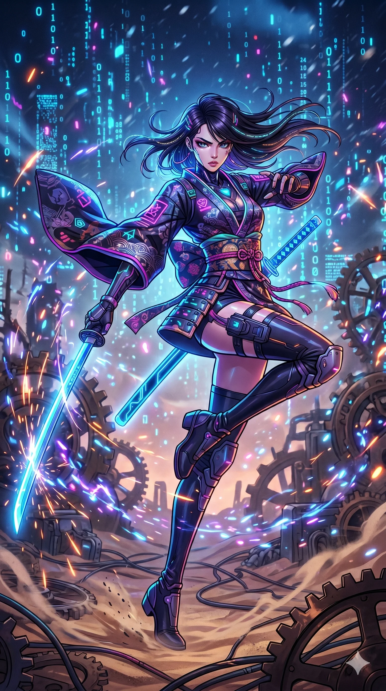 score_9, masterpiece, best quality, ultra-detailed, Set A: High-budget Anime Keyframe, Korean woman. Upper body close-up from the thighs up, character filling the screen for maximum presence. Dancing through a clockwork desert, while a digital blizzard of 249 bits obscures the horizon and surrounded by glowing energy sparks. She has an absolutely perfect 8-heads proportion, an exceptionally tall and slender female figure with impossibly long slender legs and an ultra-slim waist. Sharp v-shaped jawline, high-bridge nose, intricate jewel-like eyes with depth, thick eyelashes, glossy lips with a natural sheen. Wearing Cyber-samurai gear with a short silk kimono and glowing neon katana sheath. Cinematic lighting, vibrant colors, dramatic shadows, 2k, ultra detail, master piece, 9:16 ratio
