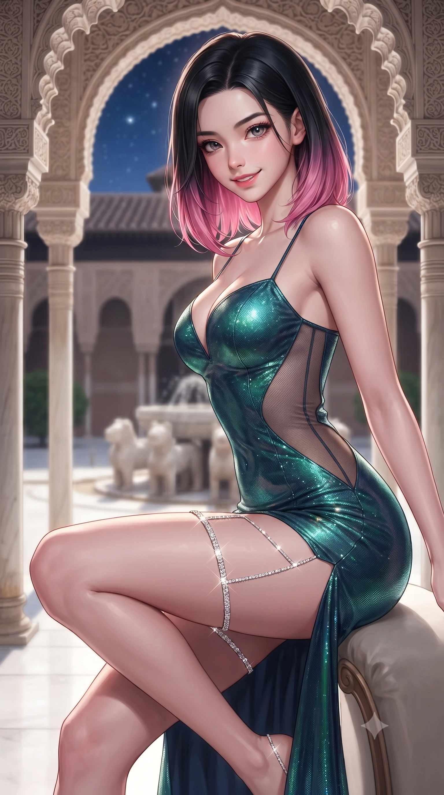 score_9, masterpiece, best quality, ultra-detailed, high-budget anime keyframe, editorial fashion photography, tasteful artistic composition, Korean woman. close-up cowboy shot from the waist and thighs up, the character dominates the composition, filling the frame with her large presence. perched sideways on the lounge seat, one knee drawn up to showcase her slender leg line while her arched back accentuates her feminine hip curve while standing poised between slender white marble columns beneath intricate carved muqarnas stalactite arches, arching her lower back with sovereign supermodel grace as moonlight illuminates the twelve stone lions of the fountain. The background shows a soft-focus slender white Macael marble colonnade, bubbling lion fountain basin, and starlit Granada skies through horseshoe arches blurred into ivory, amber, and indigo bokeh. She has an exceptionally elegant, slender, and willowy female figure with an ultra-slim waist, flat toned midriff, narrow ribcage, and sculpted feminine hips creating an alluring, slim hourglass silhouette without bulk. sharp v-shaped jawline, high-bridge nose, intricate jewel-like sparkling eyes with depth, thick eyelashes, glossy parted lips with a natural peach sheen, bright cheerful beaming smile with an enchanting and coquettish sensual glint, exuding both youthful cute charm and seductive allure, flawlessly proportioned anatomical accuracy, strict slender model proportions, natural body alignment, perfectly sculpted long slender limbs, ultra-slim waistline, clean dynamic posture without body distortion. wearing an alluring plunging sweetheart bustier dress with sheer mesh side-waist cutouts contouring her ribs in Lake Tegernsee emerald glass and royal Bavarian navy, crafted from stretch micro-mesh with liquid foil coating that shimmers with every movement, finished with delicate crystal-encrusted thigh garter straps glinting in the dim light, the impeccably tailored cut draping gracefully along her slender figure with aristocratic poise. illuminated by white marble floor reflection bounce and sharp platinum-gold rim lights sculpting her razor-sharp jawline, narrow waist, and curvy hips. ultra-reflective glossy finish, specular highlights, rich textural contrasts, high-contrast stereoscopic depth, volumetric dynamic lighting, 2k, ultra detail, master piece, 9:16 ratio