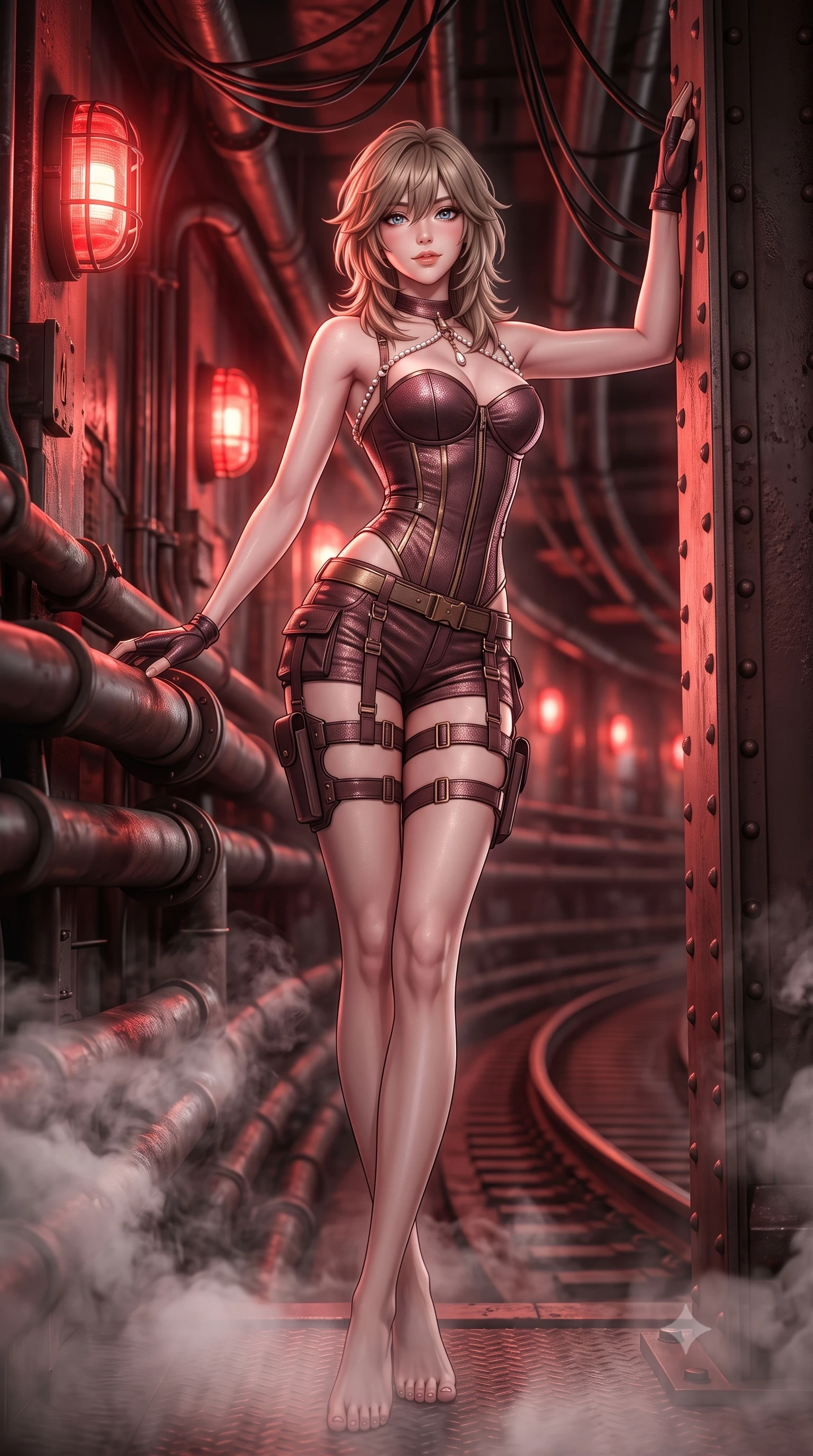 score_9, masterpiece, best quality, ultra-detailed, high-budget anime keyframe, semi-realistic 3D game render, editorial fashion photography, tasteful artistic composition, Japanese woman. low angle full-body shot from head to toe showing her feet, filling the entire 9:16 vertical frame with her statuesque presence, stretching her vertical silhouette. standing tall beside the architectural column, one hand resting high while arching her lower back to emphasize her sculpted feminine hips and slender waist while twisting her slender torso in an alluring contrapposto stance between heavy conduit pipes, steam billowing around her long slender legs. The background shows a soft-focus pulsing caged red emergency beacons, curving subway rails, and hanging electrical cables blurred into crimson, rust, and obsidian bokeh. She has an absolutely perfect, statuesque 8.5-heads proportion, an exceptionally tall and slender model-like female figure with impossibly long slender legs, an ultra-slim waist, a flat toned midriff, narrow delicate ribcage, and beautifully sculpted feminine hips creating a graceful, slim hourglass silhouette without any bulky heaviness. sharp v-shaped jawline, high-bridge nose, sparkling eyes with hypnotic seductive depth, thick curled eyelashes, glossy parted lips with a natural dewy peach sheen, alluring bedroom-eyes with an enchanting coquettish smile, exuding magnetic siren charisma and sophisticated glamour, flawlessly proportioned anatomical accuracy, strict slender model proportions, natural body alignment, perfectly sculpted long slender limbs, ultra-slim waistline, clean dynamic posture without body distortion. wearing a structured boned tactical leatherette corset bodice paired with low-rise cargo hot-pants and thigh holster straps in smoky bordeaux wine and gilded bronze, woven from stretch metallic lurex jersey casting radiant starlight glints across her silhouette, accented with a pearl-drop body harness subtly framing her dewy collarbones and spine, the second-skin tailored fabric adhering flawlessly to her sculpted flat midriff and slender torso, emphasizing her long leg lines and perfectly proportioned willowy build. bathed in rhythmic crimson strobe glow from industrial bulkhead wall fixtures. highly saturated vibrant anime colors, detailed shading with soft gradients, rich glossy textures, high-contrast stereoscopic depth, volumetric dynamic lighting, master piece, 9:16 ratio