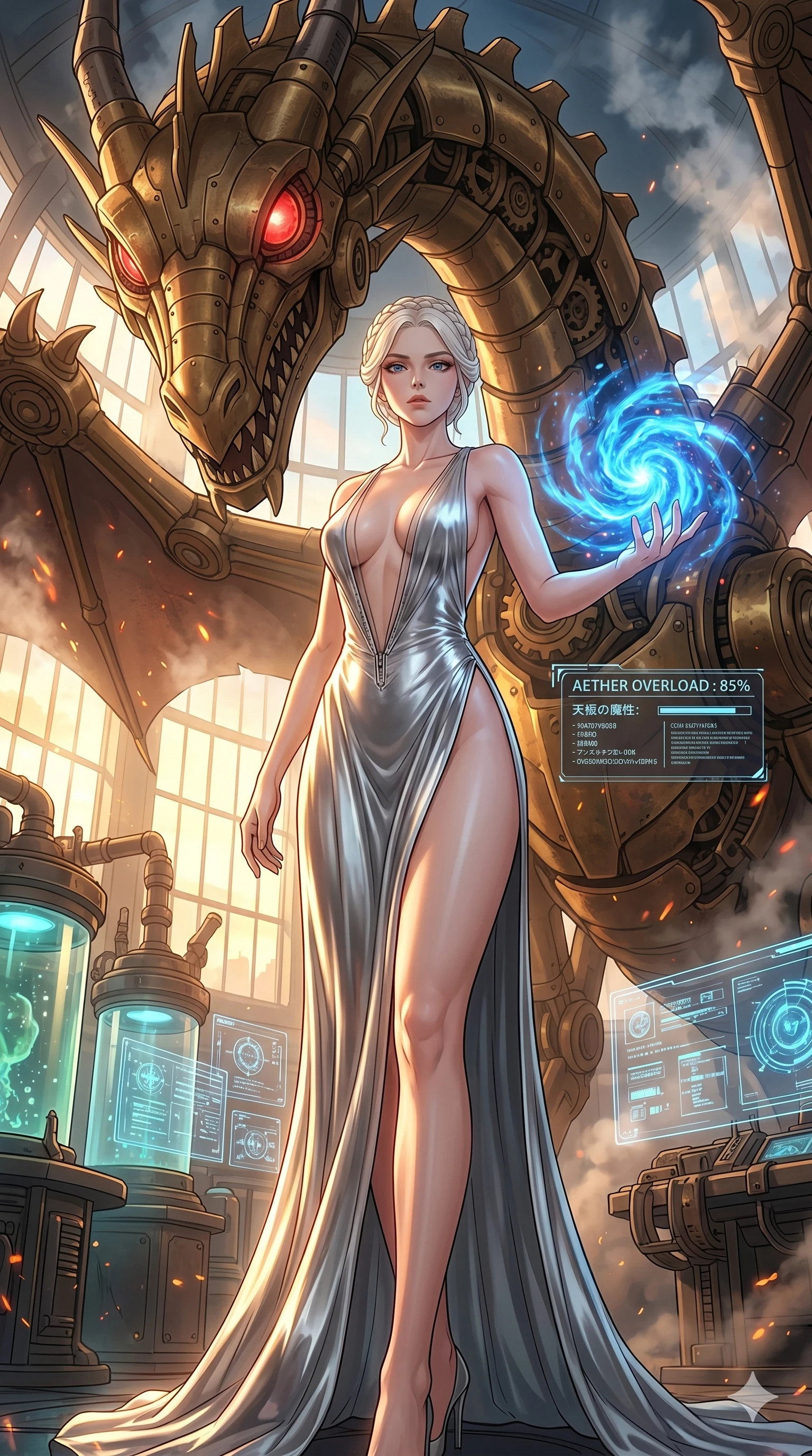 score_9, masterpiece, best quality, ultra-detailed, High-budget Anime Keyframe, vibrant colors, fluid line-art, expressive lighting, cinematic composition, Ufotable-style visual effects, top-tier animation quality, Caucasian woman with pale skin, blonde hair, and (strictly human ears). Wide-angle low shot emphasizing her impossibly long slender legs and commanding stature. Staring down a colossal mechanical dragon within a sprawling steampunk workshop, steam and embers filling the air. She has an absolutely perfect 8-heads proportion, an exceptionally tall and slender female figure with impossibly long slender legs and an ultra-slim waist, her statuesque height and towering silhouette dominating the vertical 9:16 frame. Her face is a masterpiece featuring a sharp v-shaped jawline, high-bridge nose, intricate jewel-like eyes with depth, thick eyelashes, and glossy lips with a natural sheen. She is wearing a Liquid mercury fabric dress that clings perfectly to her every curve with a deep plunging neckline crafted from Sheer silk that is almost transparent, flowing like water around her statuesque frame, unzipped deeply to reveal a daring glimpse of her chest and a high-cut leg line. The scene is set in a high-tech research laboratory with glowing glass tanks and complex holographic interfaces, illuminated by golden hour sunlight that gives her skin a warm, radiant glow. 2k, ultra detail, master piece, 9:16 ratio