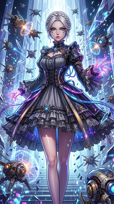 score_9, masterpiece, best quality, ultra-detailed, Set A: High-budget Anime Keyframe, Korean woman. Upper body close-up from the thighs up, character filling the screen for maximum presence. Theme: Abstract Cosmic. shattering the fabric of reality i