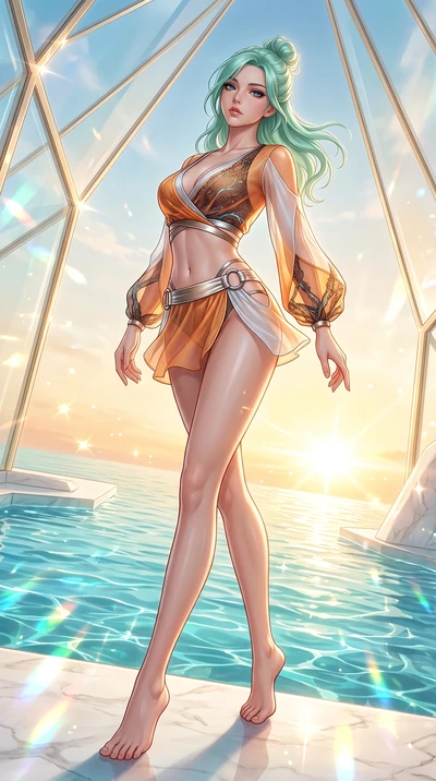 score_9, masterpiece, best quality, ultra-detailed, high-budget anime keyframe, semi-realistic 3D game render, editorial fashion photography, tasteful artistic composition, Japanese woman. low angle full-body shot from head to toe showing her feet, f