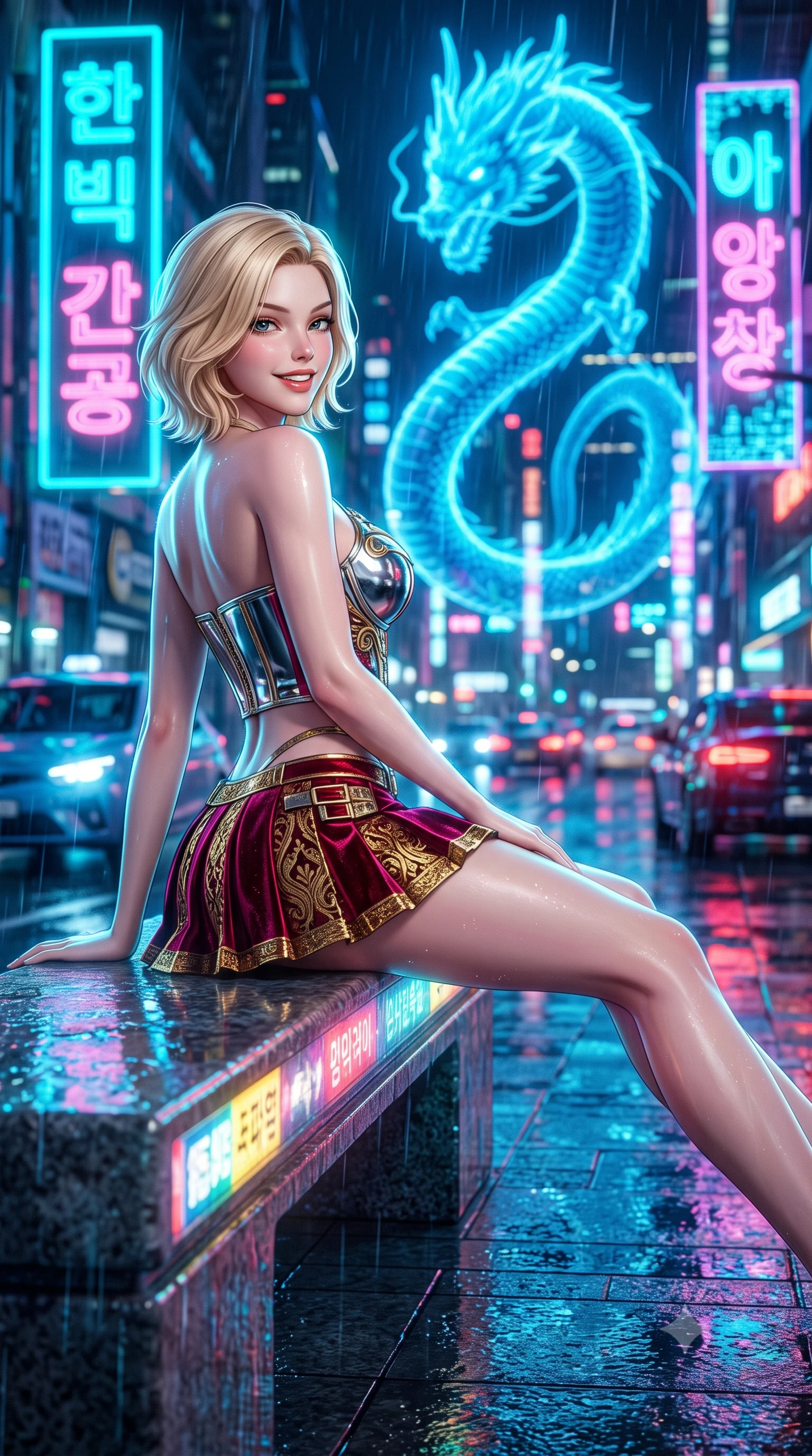 score_9, masterpiece, best quality, ultra-detailed, high-budget anime keyframe, semi-realistic 3D game render, editorial fashion photography, tasteful artistic composition, Caucasian woman. close-up cowboy shot from the waist and thighs up, the character dominates the composition, filling the frame with her large presence. posing in an alluring rear three-quarter angle, looking over a bare shoulder with parted glossy lips, her hips cocked back to highlight her slim hourglass curve while lounging gracefully on the heated stone bench with legs extended, displaying her long slender legs and statuesque hourglass silhouette amid rain-washed neon. The background shows a soft-focus gigantic coiling holographic azure dragon, towering neon Hangul holographic signs, and rain-slicked futuristic traffic blurred into electric cyan, cobalt, and crimson bokeh. She has an exceptionally elegant, slender, and willowy female figure with an ultra-slim waist, flat toned midriff, narrow ribcage, and sculpted feminine hips creating an alluring, slim hourglass silhouette without bulk. sharp v-shaped jawline, high-bridge nose, intricate jewel-like sparkling eyes with depth, thick eyelashes, glossy parted lips with a natural peach sheen, bright cheerful beaming smile with an enchanting and coquettish sensual glint, exuding both youthful cute charm and seductive allure, flawlessly proportioned anatomical accuracy, strict slender model proportions, natural body alignment, perfectly sculpted long slender limbs, ultra-slim waistline, clean dynamic posture without body distortion. wearing a chrome-plated structured underwire bustier top paired with an ultra-short low-rise pleated micro mini skirt in Cyber-Baroque gilded gold and royal crimson velvet, woven from stretch metallic lurex jersey casting radiant starlight glints across her curves, finished with sleek magnetic buckle closures fluttering in the breeze, the liquid-tight tailored fabric clinging flawlessly to her narrow waist and rounded feminine hips, emphasizing every millimeter of her sculpted slim hourglass curves without any bulky heaviness. illuminated by wet pavement reflection bounce and sharp electric-cyan rim lights defining her jawline, narrow waist, and curvy hips. highly saturated vibrant anime colors, detailed shading with soft gradients, rich glossy textures, high-contrast stereoscopic depth, volumetric dynamic lighting, master piece, 9:16 ratio