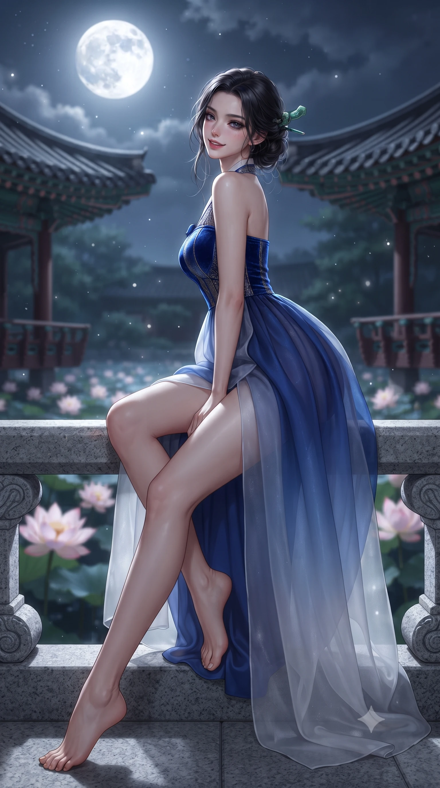 score_9, masterpiece, best quality, ultra-detailed, high-budget anime keyframe, editorial fashion photography, tasteful artistic composition, Korean woman. low angle full-body shot from head to toe showing her feet, filling the entire 9:16 vertical frame with her statuesque presence, stretching her vertical silhouette. walking slowly through the bamboo pathway, looking back over her shoulder with an air of effortless oriental grace and an alluring, smoldering smile while sitting gracefully on the carved granite terrace of Buyongjeong pavilion above the tranquil lotus pond, arching her back with timeless regal grace under cold moonlight. The background shows a soft-focus blooming pale pink lotus flowers on dark water and curving wooden pavilion roofs with carved dancheong patterns blurred into jade, rose, and charcoal bokeh. She has an absolutely perfect, statuesque 8.5-heads proportion, an exceptionally tall and slender model-like female figure with impossibly long slender legs, an ultra-slim waist, a flat toned midriff, narrow delicate ribcage, and beautifully sculpted feminine hips creating a graceful, slim hourglass silhouette without any bulky heaviness. sharp v-shaped jawline, high-bridge nose, intricate jewel-like dark sparkling almond eyes with depth, thick lashes, glossy parted lips with a natural rose-plum sheen, bright alluring and coquettish smile with bedroom-eyes, exuding both timeless oriental elegance and sovereign high-fashion allure, flawlessly proportioned anatomical accuracy, strict slender model proportions, natural body alignment, perfectly sculpted long slender limbs, ultra-slim waistline, clean dynamic posture without body distortion. wearing a modern fusion hanbok dress with a structured velvet bodice and cascading sheer ombre organza skirt with front slit in royal cobalt blue and starlight platinum, woven from metallic gold and silver thread casting subtle starlight glints, featuring a modern sculptural jade hair pin securing her loose silky updo, the form-contouring cut accentuating her sculpted flat midriff, narrow delicate ribcage, and gracefully curvy hips with regal oriental supermodel elegance. bathed in cold silver moonlight cascading down from a brilliant full moon overhead. ultra-reflective glossy finish, specular highlights, rich textural contrasts, high-contrast stereoscopic depth, volumetric dynamic lighting, 2k, ultra detail, master piece, 9:16 ratio