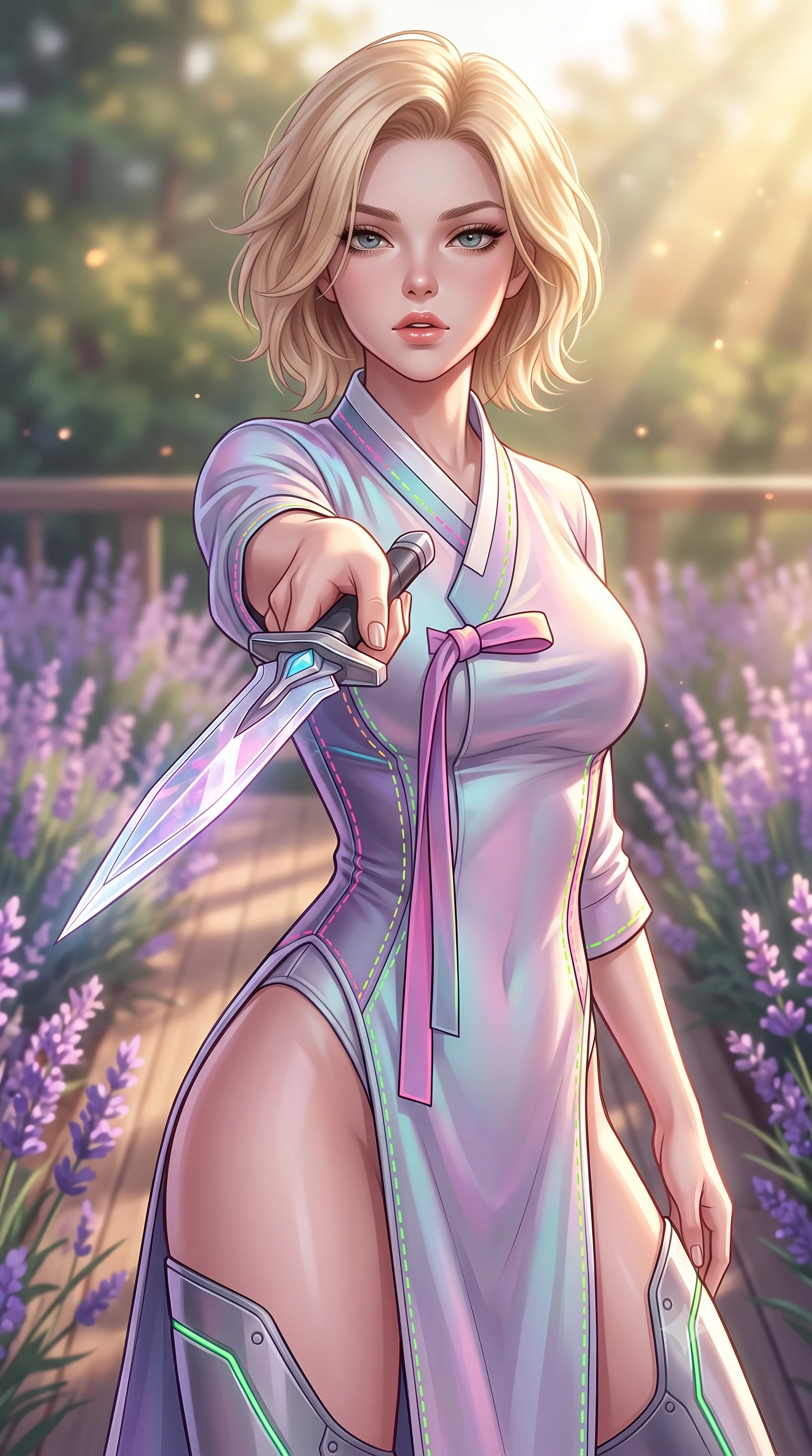 score_9, masterpiece, best quality, ultra-detailed, high-budget anime keyframe, editorial fashion photography, tasteful artistic composition, Caucasian woman. close-up cowboy shot from the waist and thighs up, the character dominates the composition, filling the frame with her large presence, background elements kept in soft focus. pointing a crystal-edged laser dagger forward in a defensive stance, tilting her chin up slightly with lips parted in a composed pose, the background shows a soft-focus a private garden deck at a retreat, surrounded by wild holographic lavender bushes. She has an exceptionally elegant, slender, and willowy female figure with an ultra-slim waist, a gracefully sculpted slender torso, and a refined silhouette. sharp v-shaped jawline, high-bridge nose, intricate jewel-like eyes with depth, thick eyelashes, glossy lips with a natural sheen. wearing a body-hugging modern fusion cyber-hanbok robes featuring neon-stitch silk panels and reinforced composite shin guards. soft golden afternoon sunbeams, casting a peaceful country glow. highly saturated vibrant anime colors, detailed shading with soft gradients, rich glossy textures, high-contrast stereoscopic depth, volumetric dynamic lighting, master piece, 9:16 ratio
