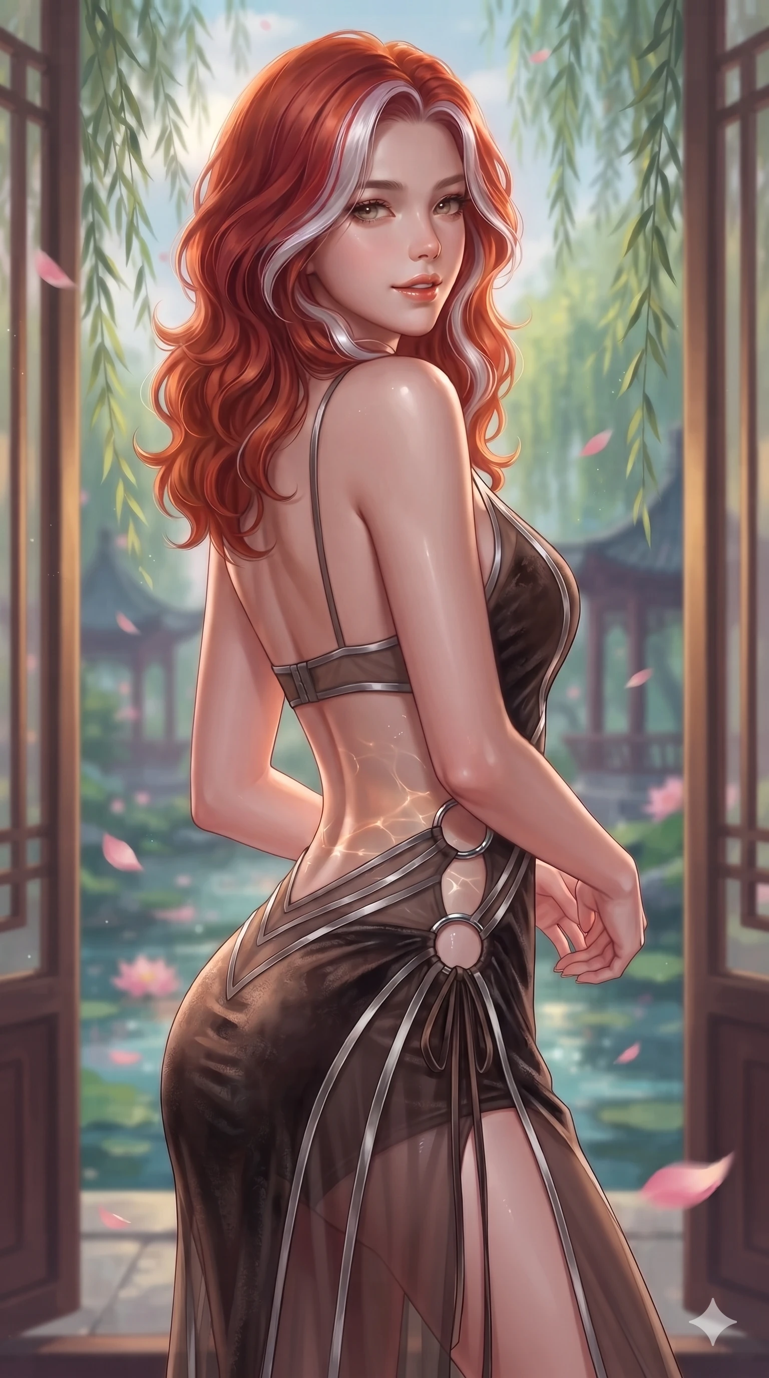 score_9, masterpiece, best quality, ultra-detailed, high-budget anime keyframe, editorial fashion photography, tasteful artistic composition, Caucasian woman. close-up cowboy shot from the waist and thighs up, the character dominates the composition, filling the frame with her large presence. posing in an alluring rear three-quarter angle, looking over a bare shoulder with parted glossy lips, her hips cocked back to highlight her slim hourglass curve while twisting her slender torso in an alluring contrapposto stance, shimmering water refractions from the lotus pool dancing across her flat midriff. The background shows a soft-focus swaying weeping willow branches, floating pink lotus petals, and distant garden pavilions blurred into rose, celadon, and slate bokeh. She has an exceptionally elegant, slender, and willowy female figure with an ultra-slim waist, flat toned midriff, narrow ribcage, and sculpted feminine hips creating an alluring, slim hourglass silhouette without bulk. sharp v-shaped jawline, high-bridge nose, sparkling eyes with hypnotic seductive depth, thick curled eyelashes, glossy parted lips with a natural dewy peach sheen, alluring bedroom-eyes with an enchanting coquettish smile, exuding magnetic siren charisma and sophisticated glamour, flawlessly proportioned anatomical accuracy, strict slender model proportions, natural body alignment, perfectly sculpted long slender limbs, ultra-slim waistline, clean dynamic posture without body distortion. wearing a plunge-front sheer illusion tulle slip dress with liquid platinum ribbon stripes and silk otgoreum ties hugging her curves in smoked agarwood charcoal and warm honey amber, tailored from crushed dark velvet with deep light-absorbing plush texture, accented with sculptural chrome hardware rings framing the subtle cutouts, the liquid-tight tailored fabric clinging flawlessly to her narrow waist and rounded feminine hips, emphasizing every millimeter of her sculpted slim hourglass curves without any bulky heaviness. bathed in soft celestial moonlight combined with warm golden light spilling through open veranda doors. ultra-reflective glossy finish, specular highlights, rich textural contrasts, high-contrast stereoscopic depth, volumetric dynamic lighting, 2k, ultra detail, master piece, 9:16 ratio